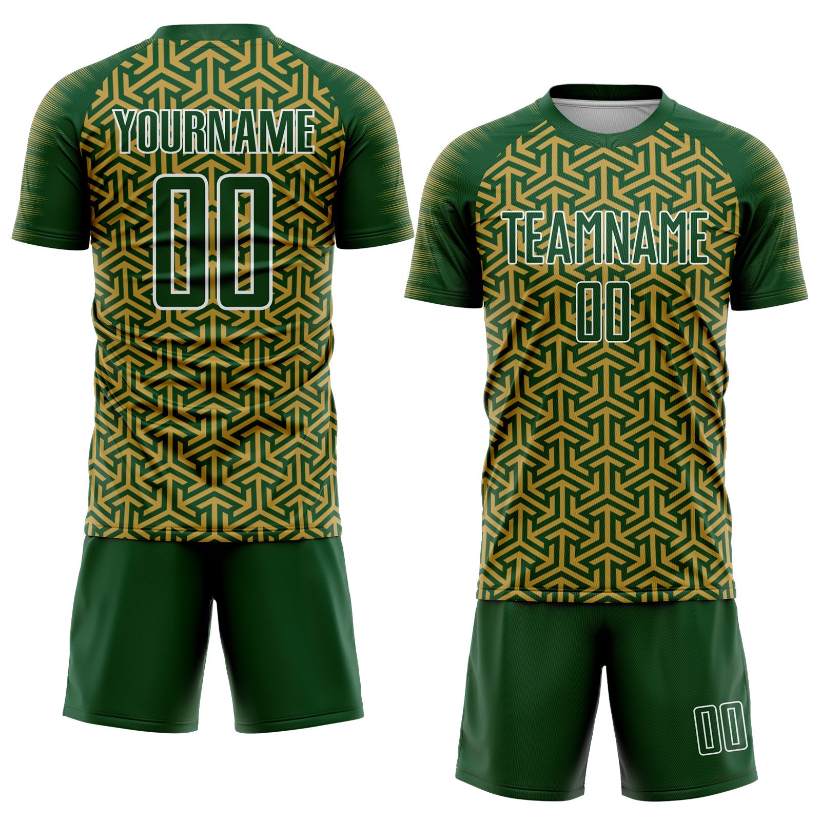 Custom Green Old Gold-White Geometric Arrow Sublimation Soccer Uniform Jersey view 2