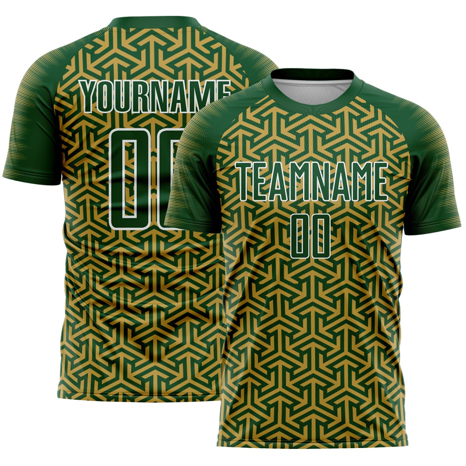 Custom Green Old Gold-White Geometric Arrow Sublimation Soccer Uniform Jersey - Main View