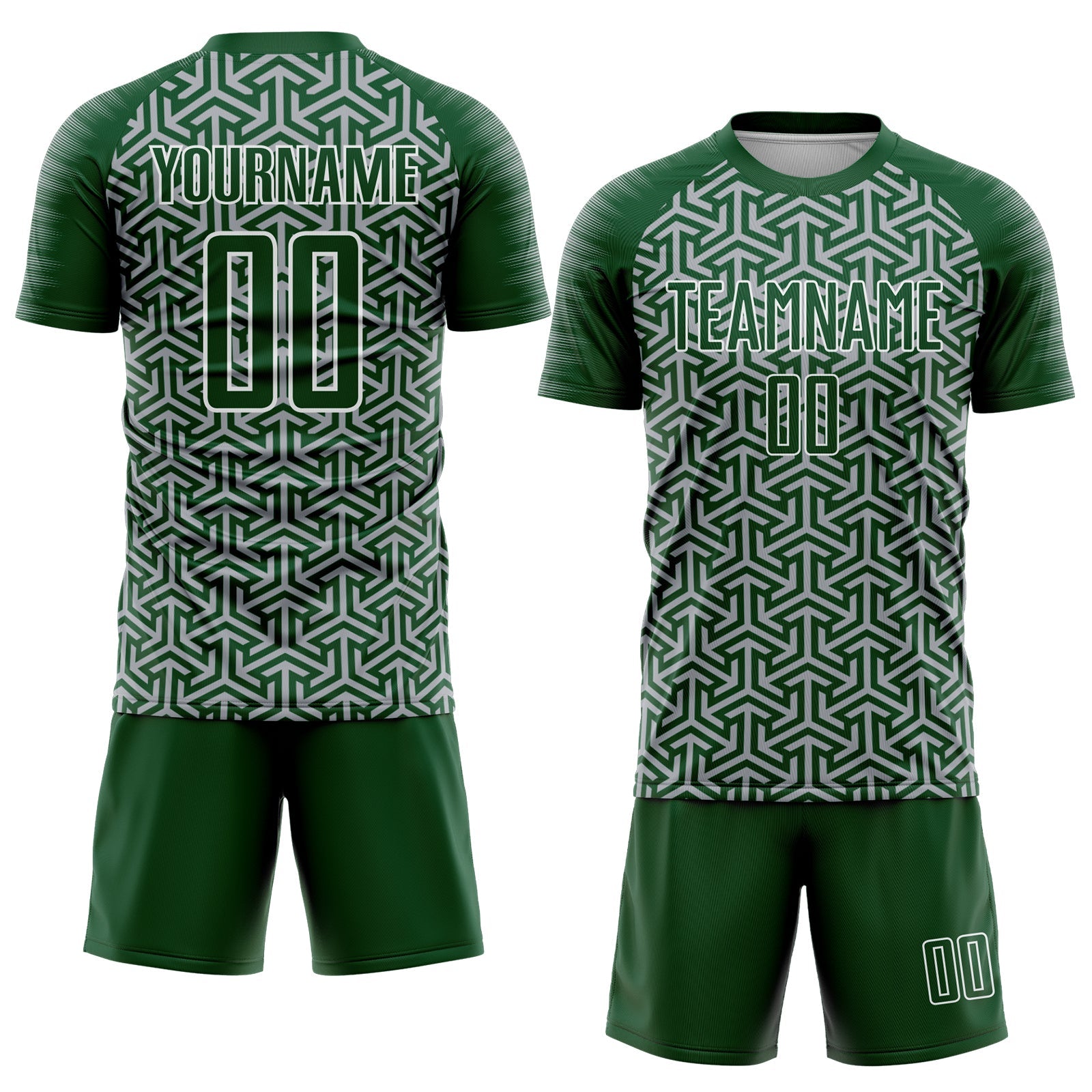 Custom Green Gray-White Geometric Arrow Sublimation Soccer Uniform Jersey view 2