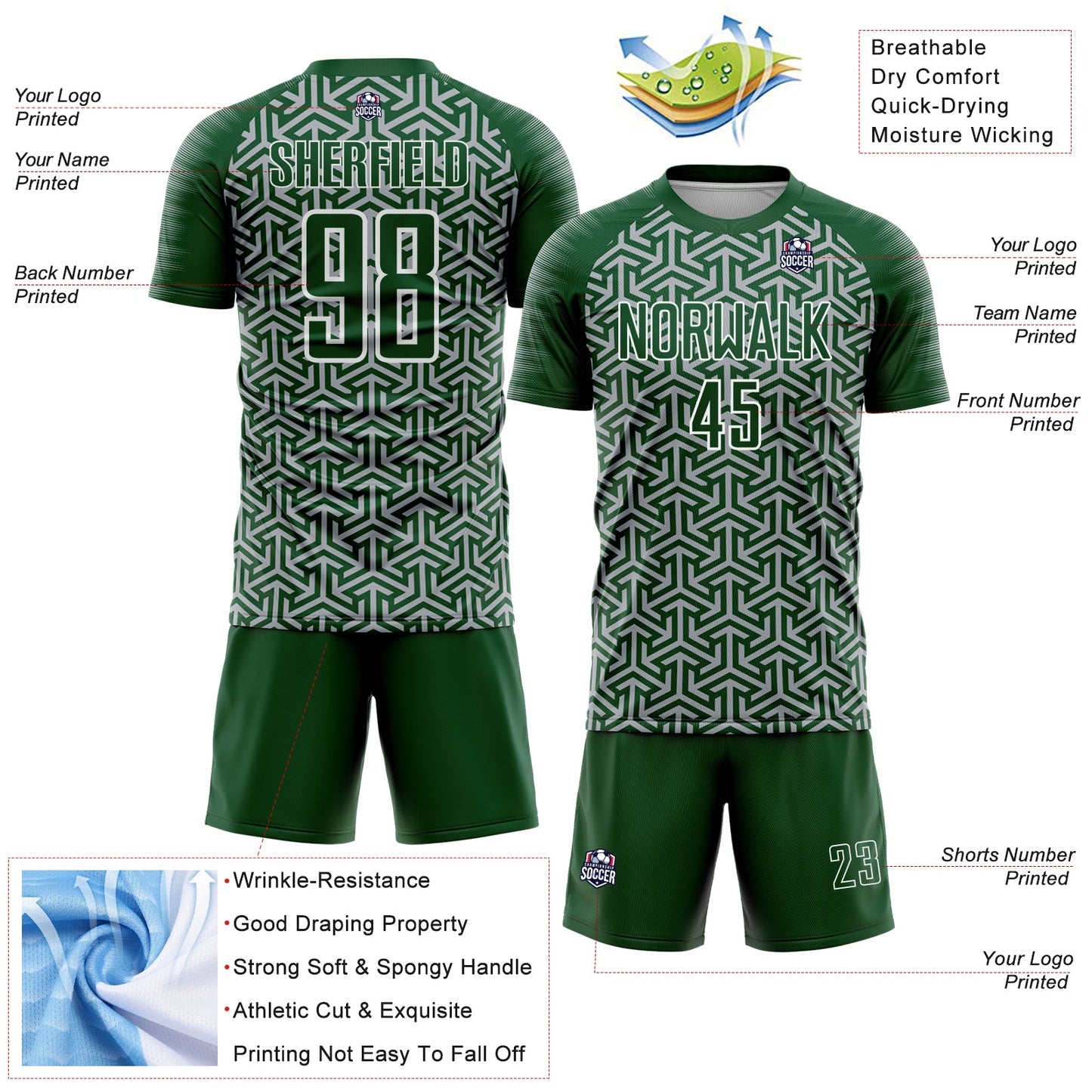 Custom Green Gray-White Geometric Arrow Sublimation Soccer Uniform Jersey view 4