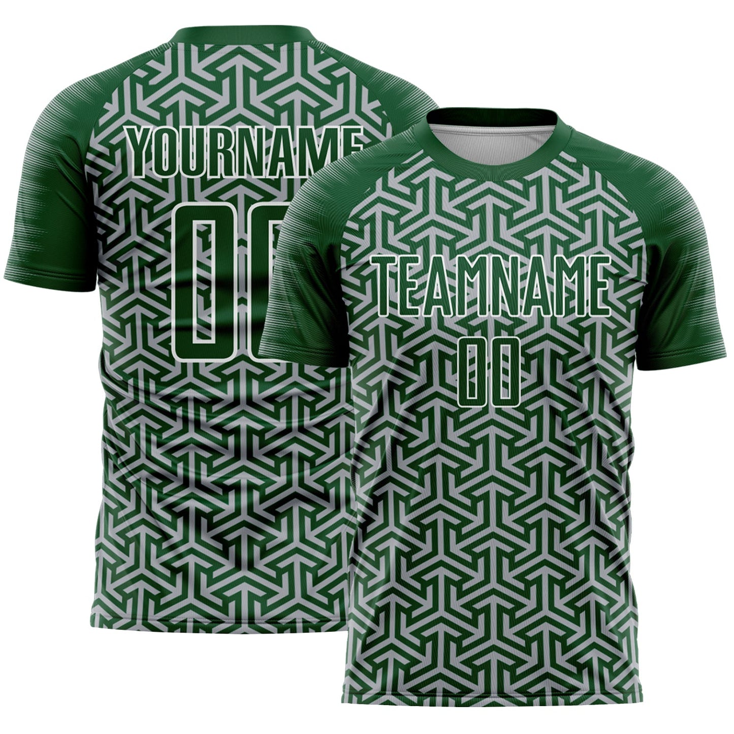 Custom Green Gray-White Geometric Arrow Sublimation Soccer Uniform Jersey - Main View