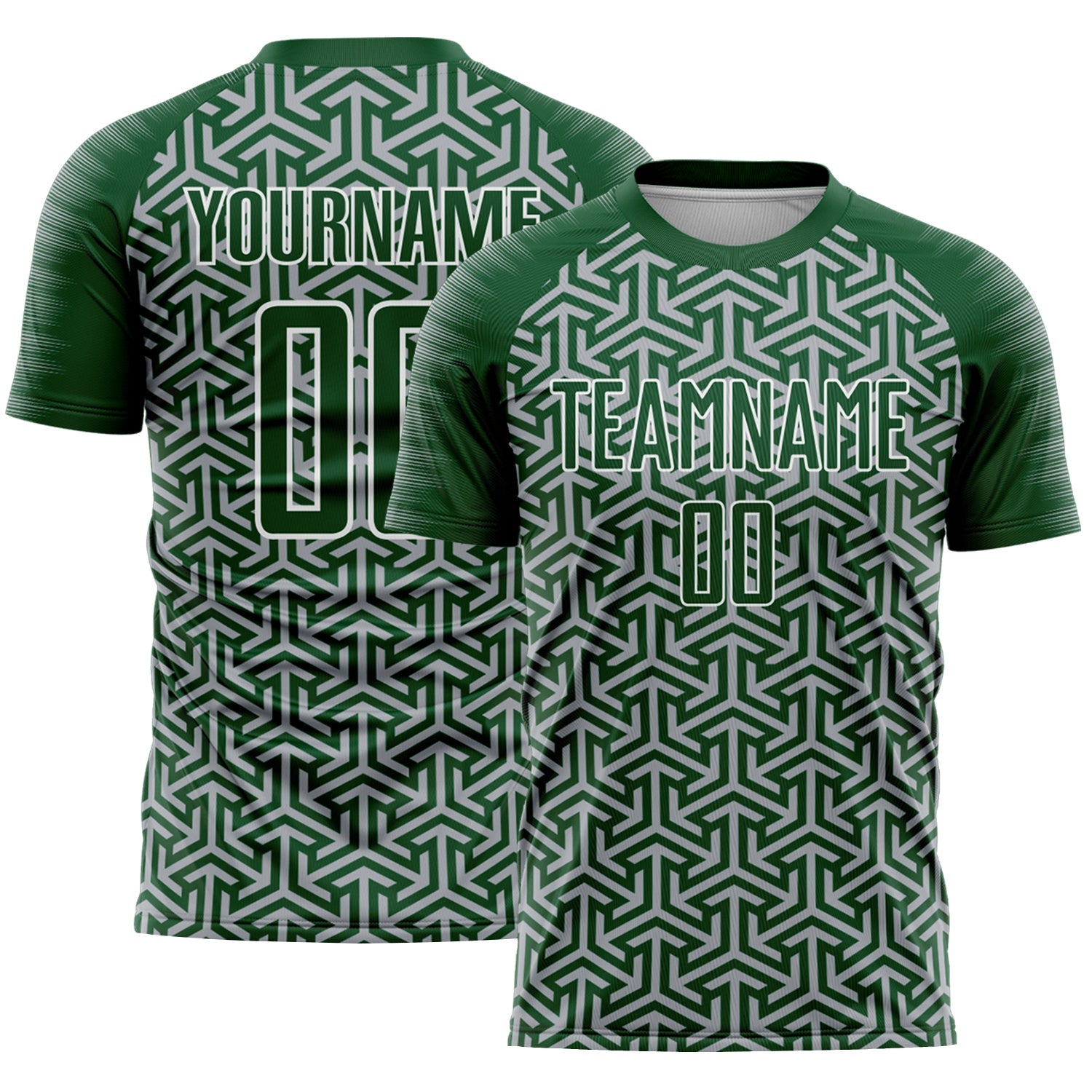 Custom Green Gray-White Geometric Arrow Sublimation Soccer Uniform Jersey - Main View