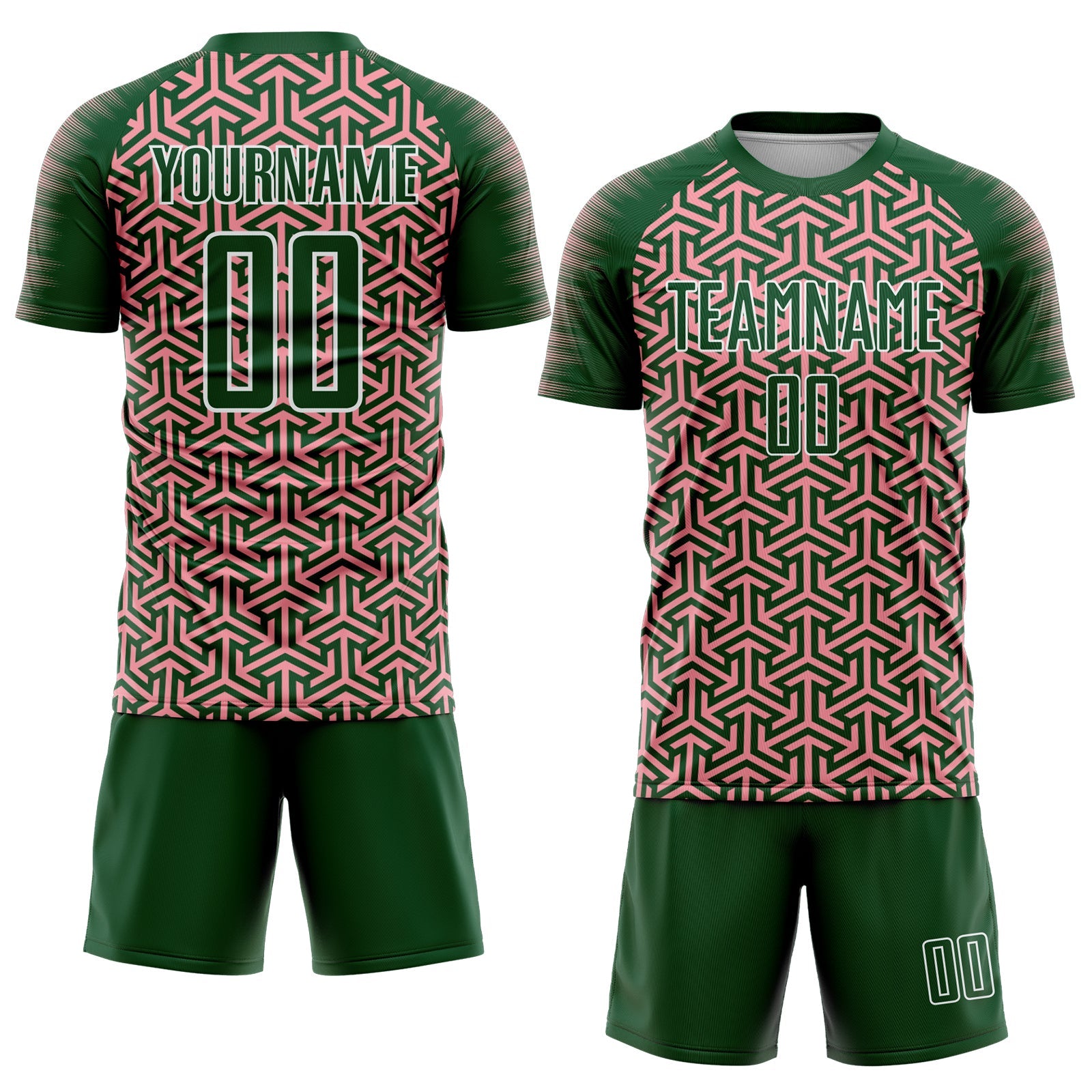 Custom Green Medium Pink-White Geometric Arrow Sublimation Soccer Uniform Jersey view 2