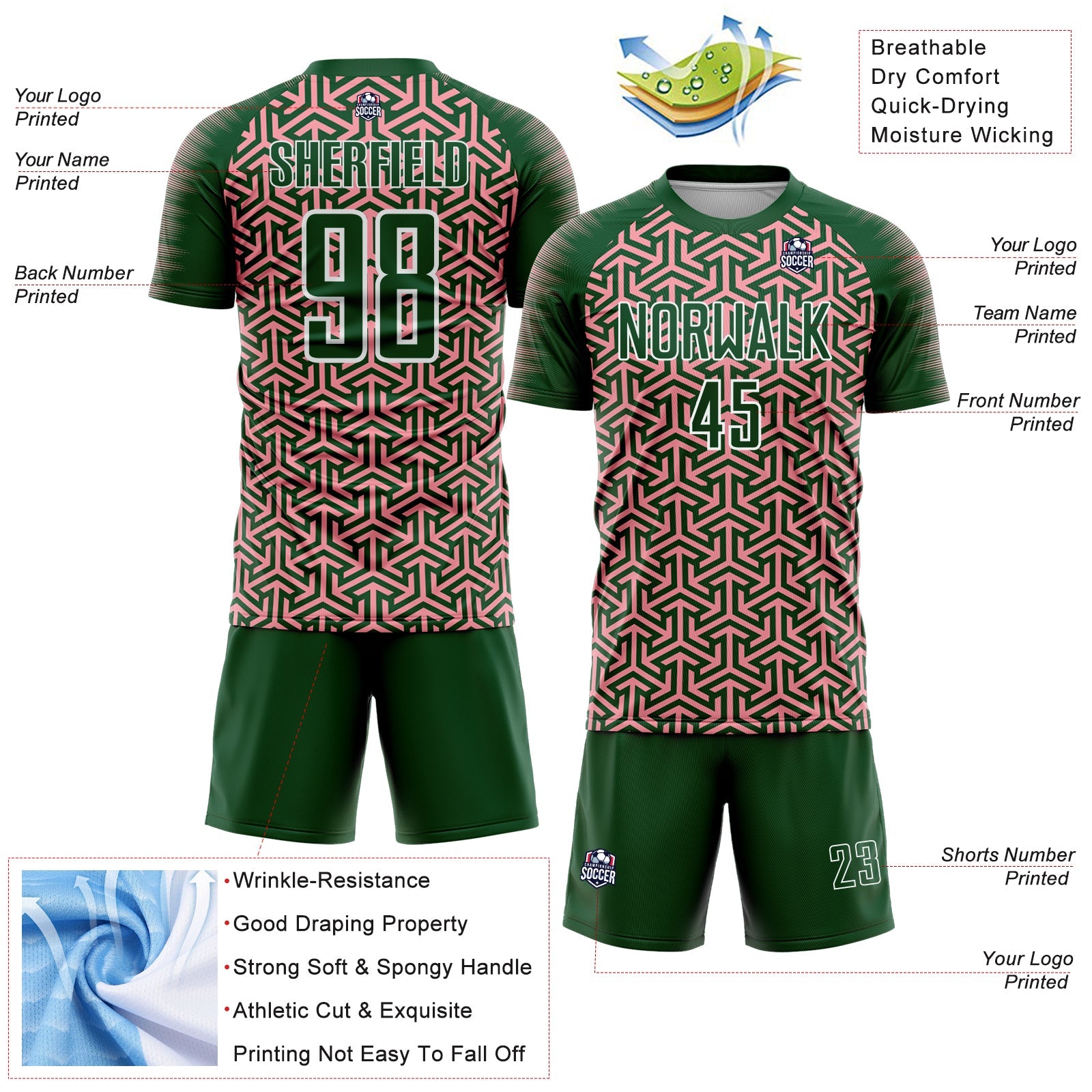 Custom Green Medium Pink-White Geometric Arrow Sublimation Soccer Uniform Jersey view 4