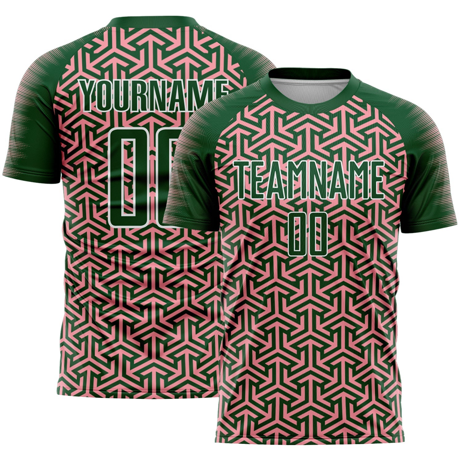 Custom Green Medium Pink-White Geometric Arrow Sublimation Soccer Uniform Jersey - Main View