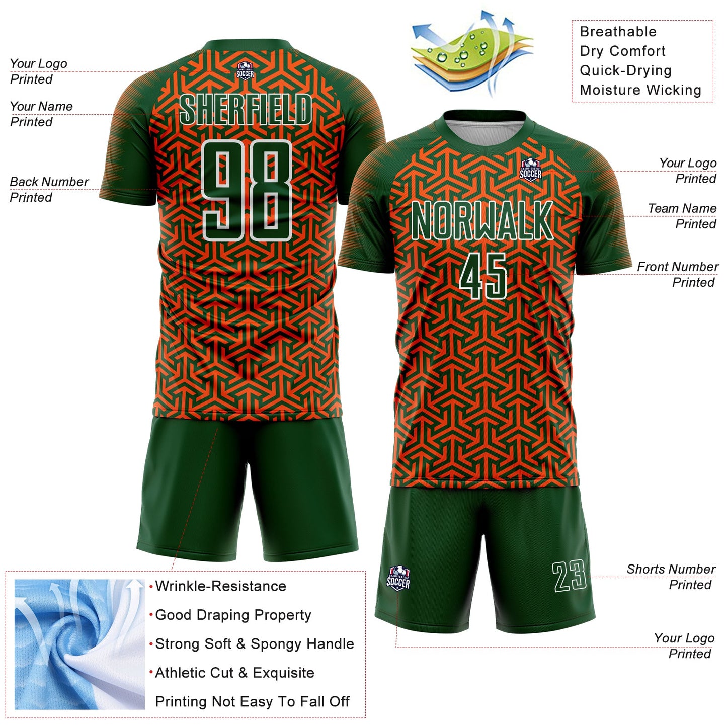 Custom Green Orange-White Geometric Arrow Sublimation Soccer Uniform Jersey view 4