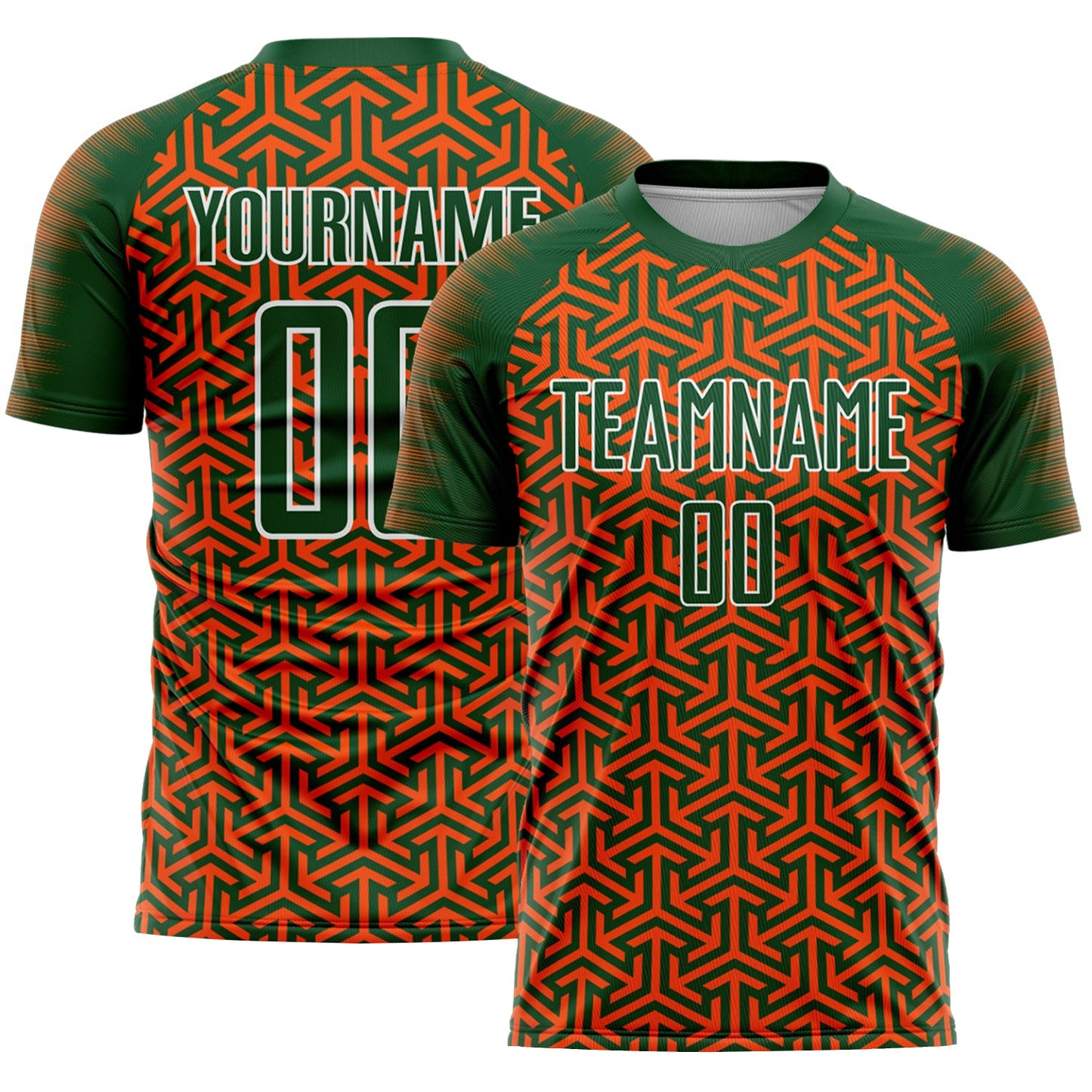 Custom Green Orange-White Geometric Arrow Sublimation Soccer Uniform Jersey - Main View