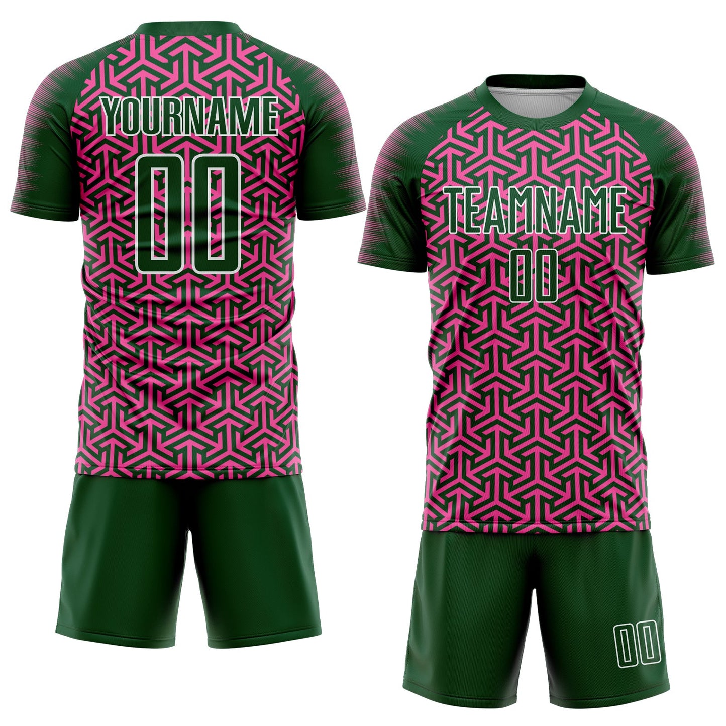 Custom Green Pink-White Geometric Arrow Sublimation Soccer Uniform Jersey view 2