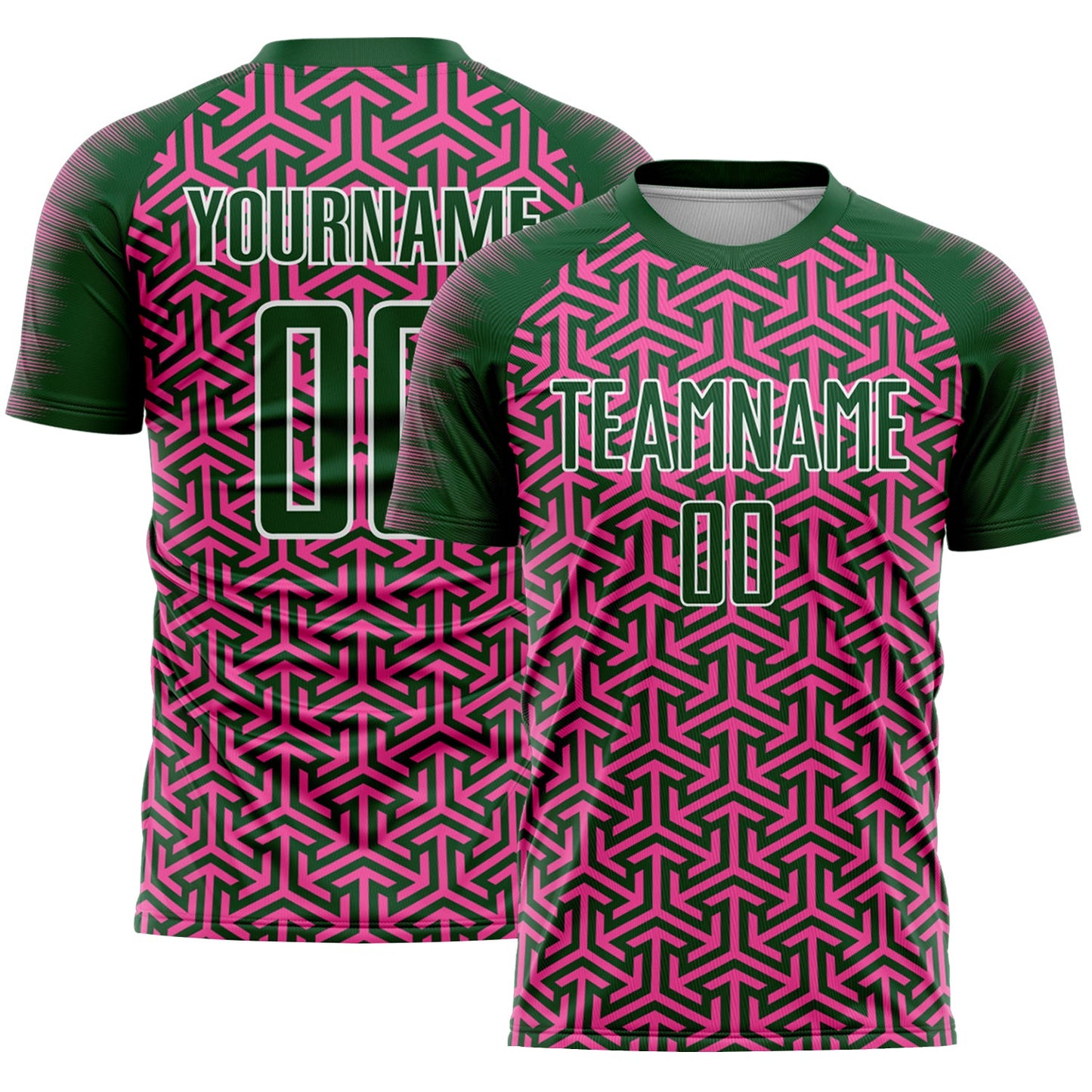 Custom Green Pink-White Geometric Arrow Sublimation Soccer Uniform Jersey - Main View