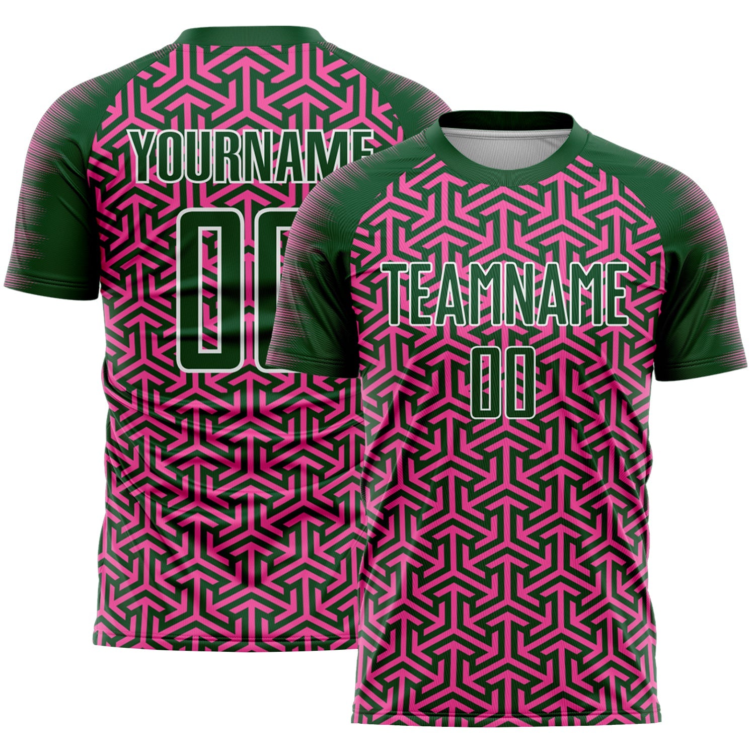 Custom Green Pink-White Geometric Arrow Sublimation Soccer Uniform Jersey - Main View