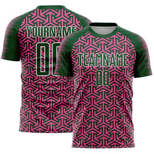 Custom Green Pink-White Geometric Arrow Sublimation Soccer Uniform Jersey - Main View