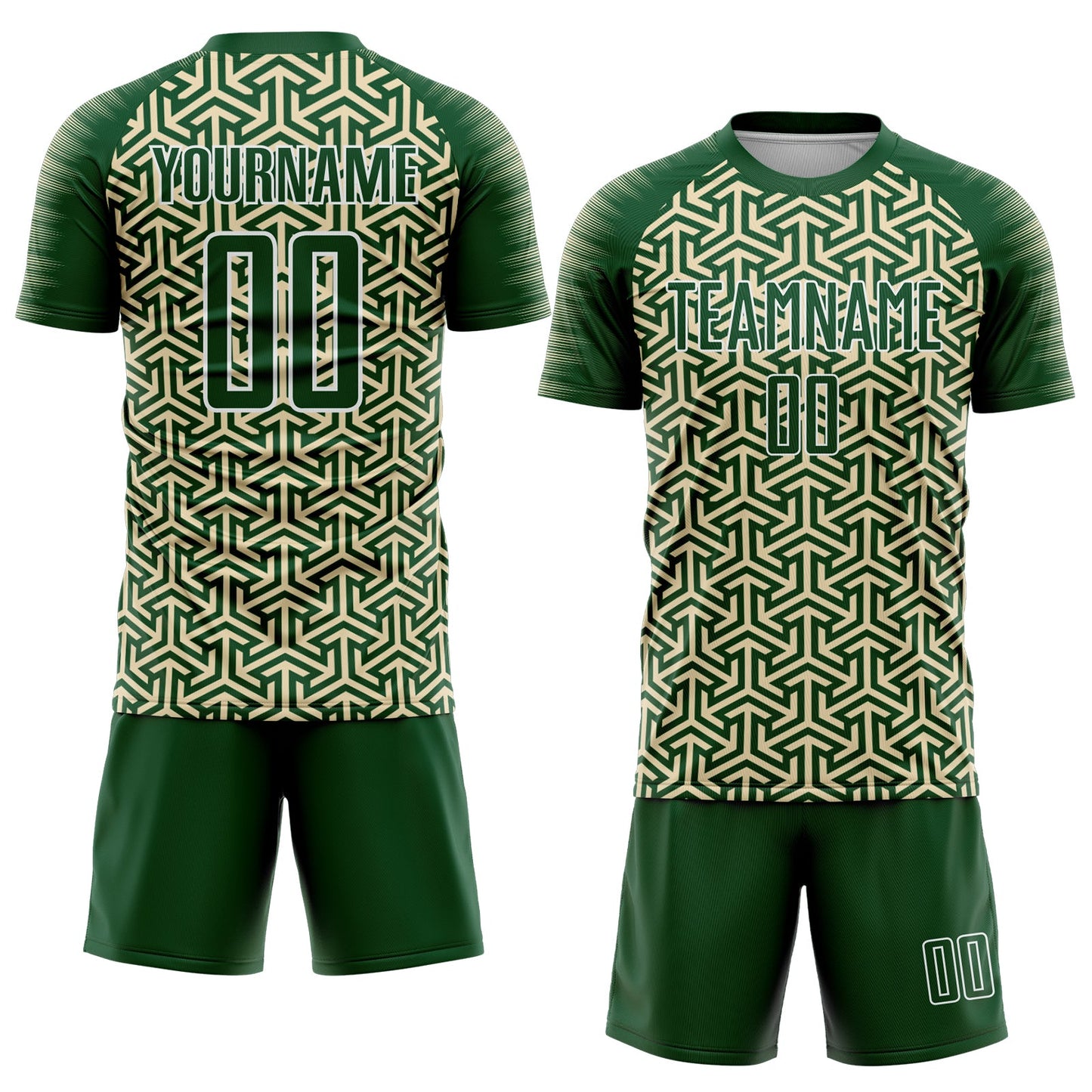 Custom Green Cream-White Geometric Arrow Sublimation Soccer Uniform Jersey view 2