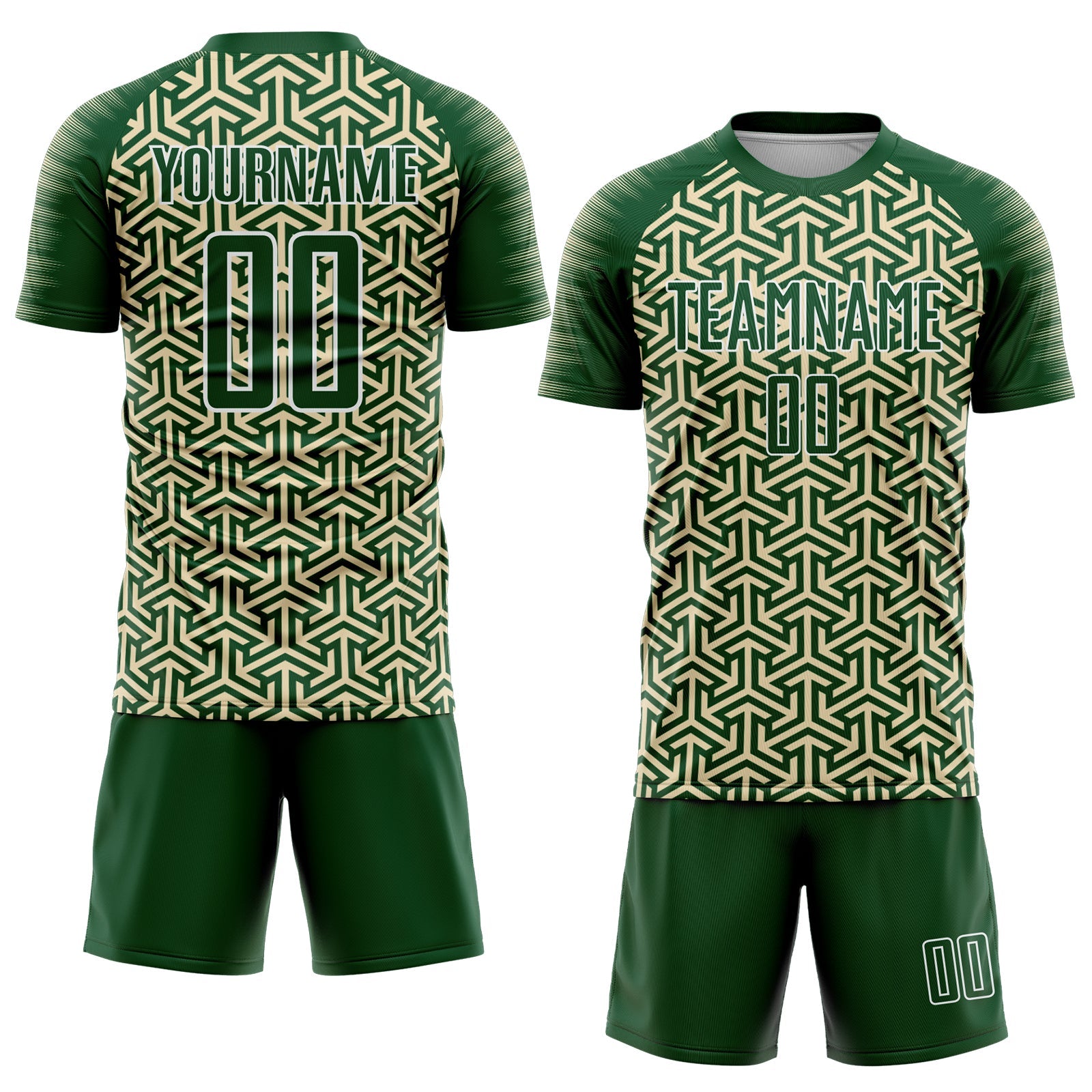 Custom Green Cream-White Geometric Arrow Sublimation Soccer Uniform Jersey view 2