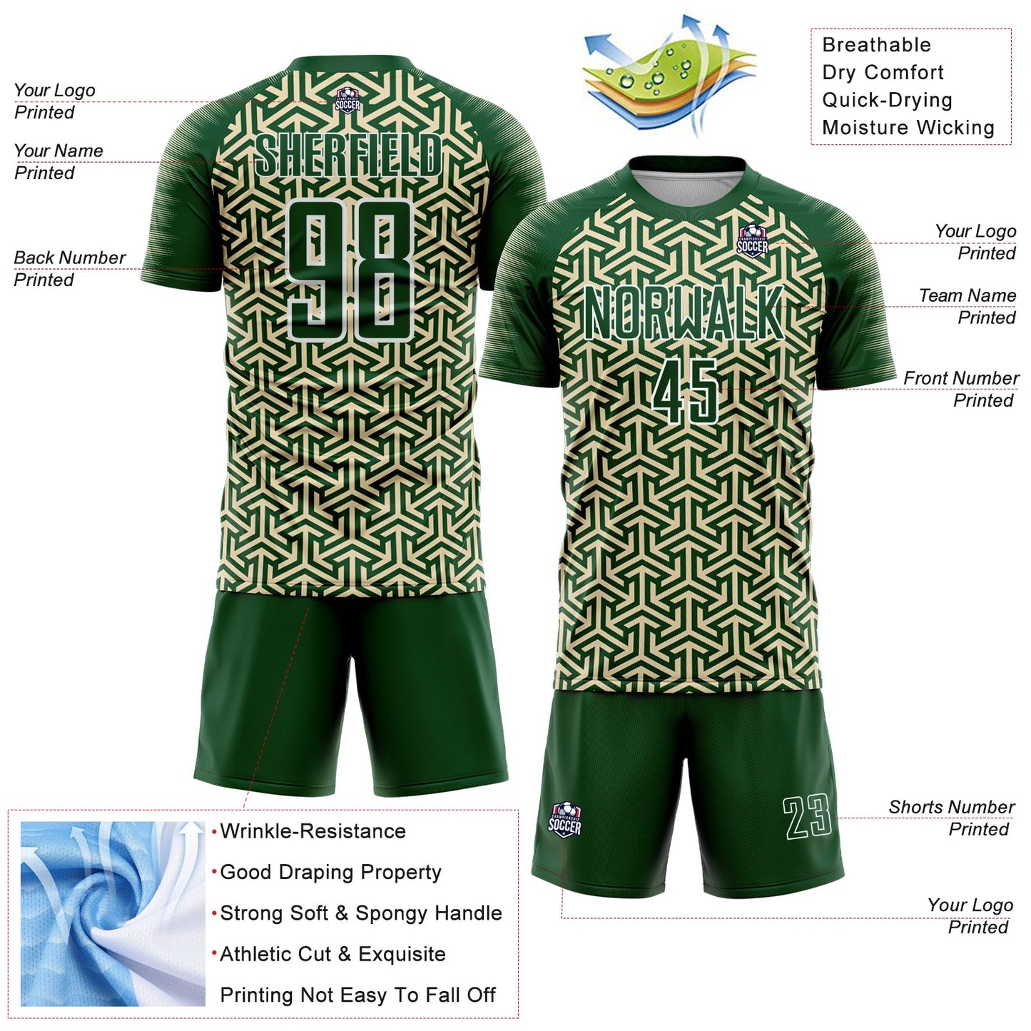 Custom Green Cream-White Geometric Arrow Sublimation Soccer Uniform Jersey view 4