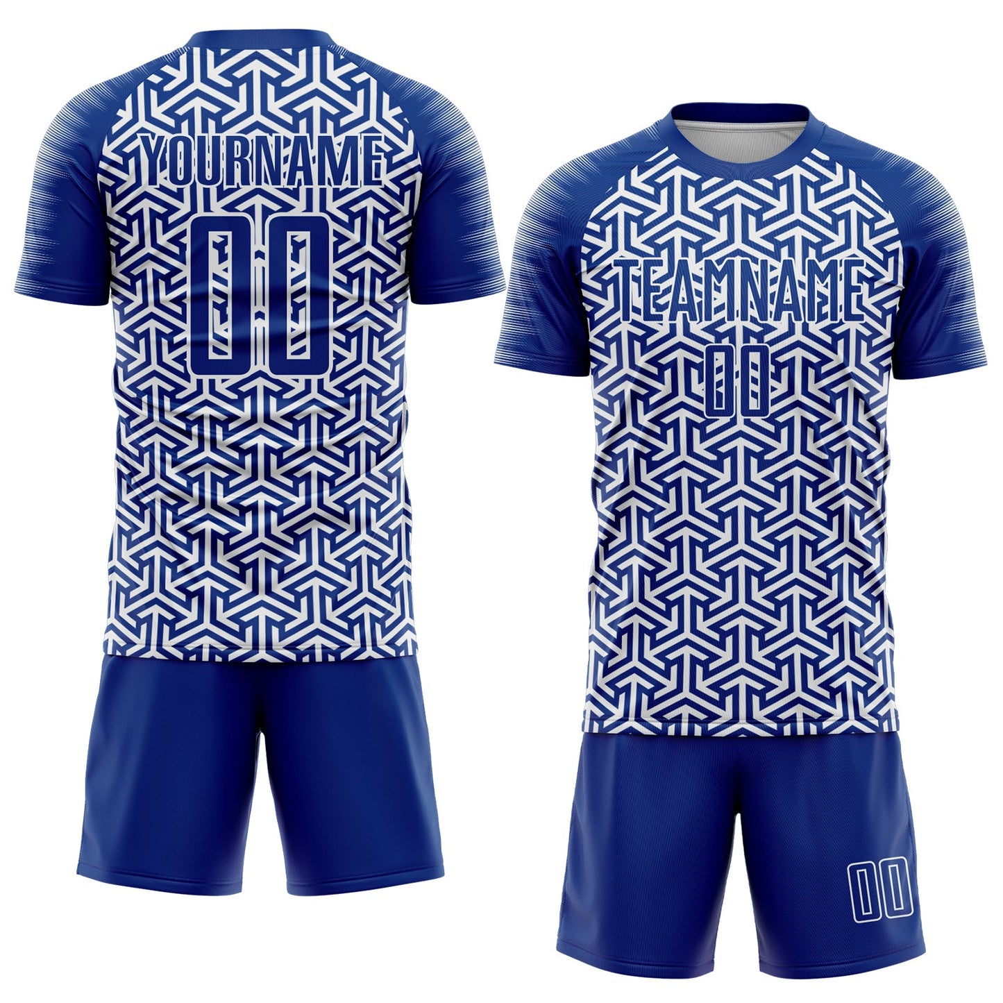 Custom Royal White Geometric Arrow Sublimation Soccer Uniform Jersey view 2