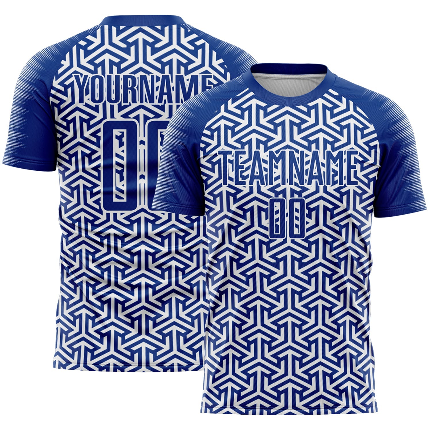 Custom Royal White Geometric Arrow Sublimation Soccer Uniform Jersey - Main View