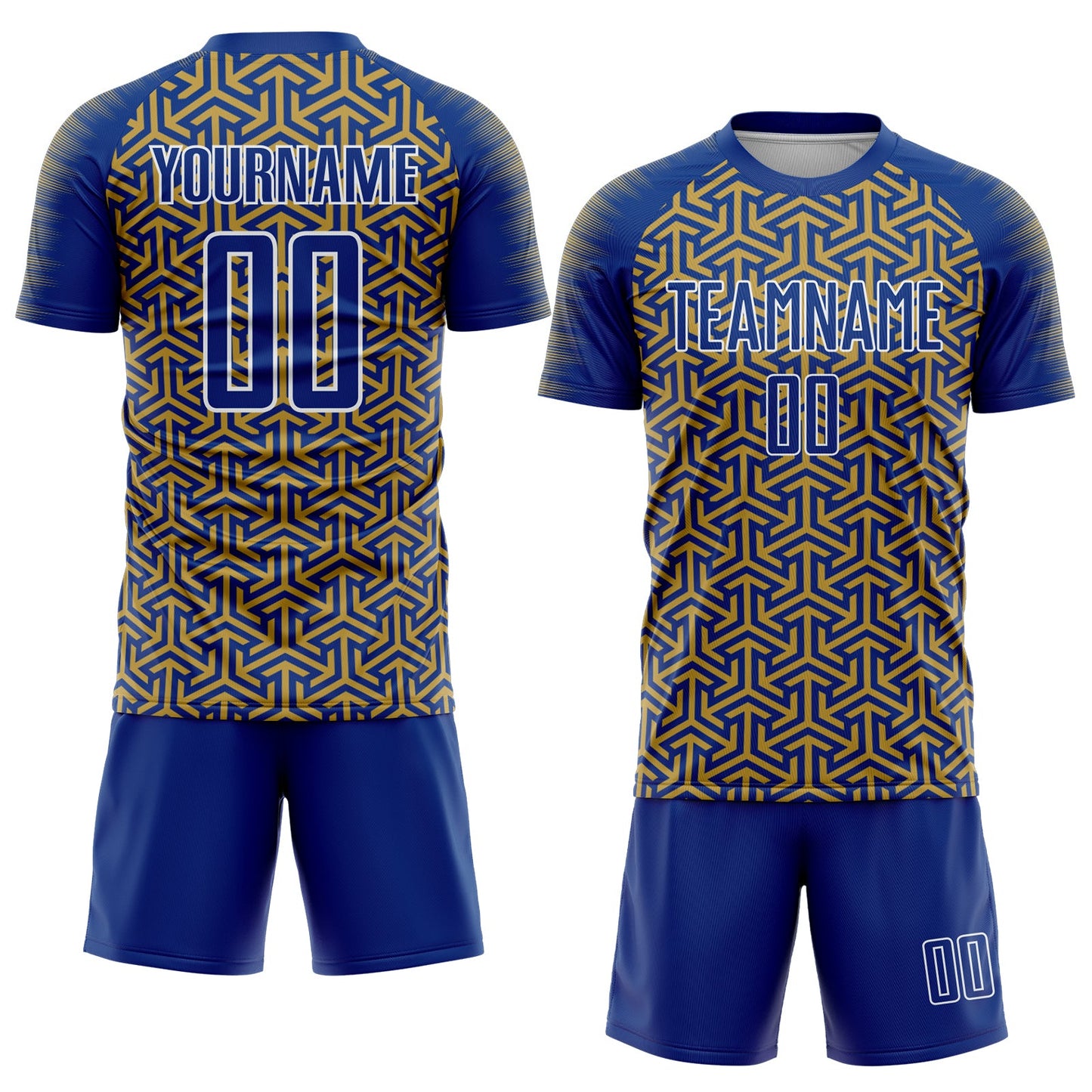 Custom Royal Old Gold-White Geometric Arrow Sublimation Soccer Uniform Jersey view 2
