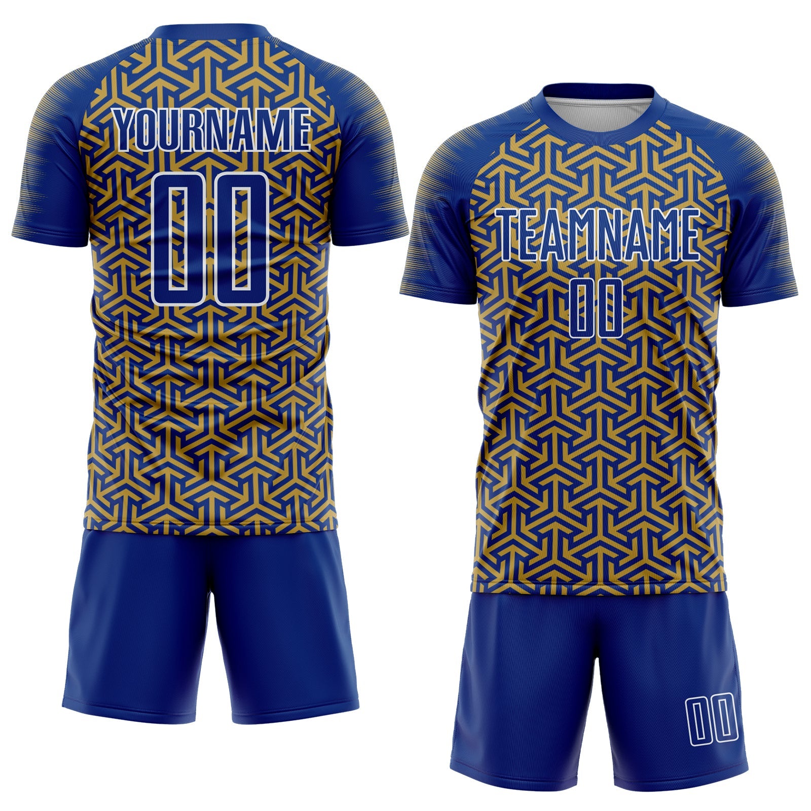 Custom Royal Old Gold-White Geometric Arrow Sublimation Soccer Uniform Jersey view 2