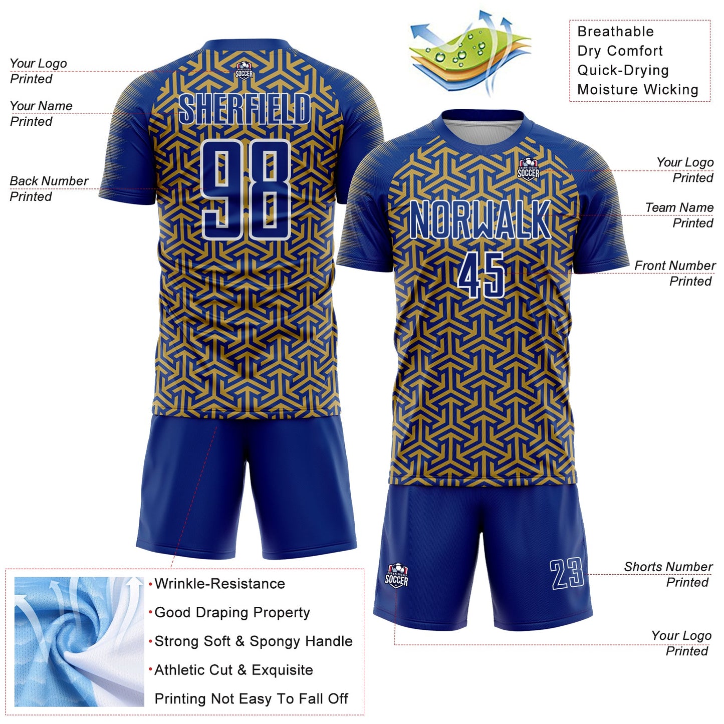 Custom Royal Old Gold-White Geometric Arrow Sublimation Soccer Uniform Jersey view 4