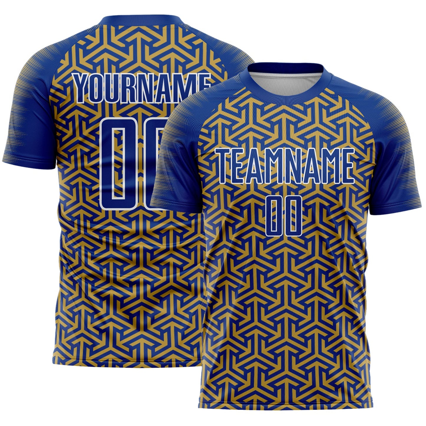 Custom Royal Old Gold-White Geometric Arrow Sublimation Soccer Uniform Jersey - Main View