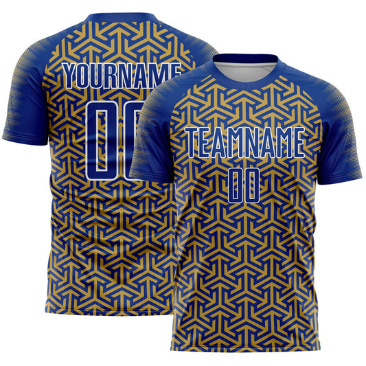 Custom Royal Old Gold-White Geometric Arrow Sublimation Soccer Uniform Jersey - Main View