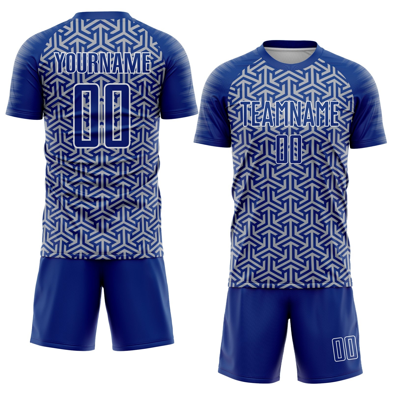 Custom Royal Gray-White Geometric Arrow Sublimation Soccer Uniform Jersey view 2