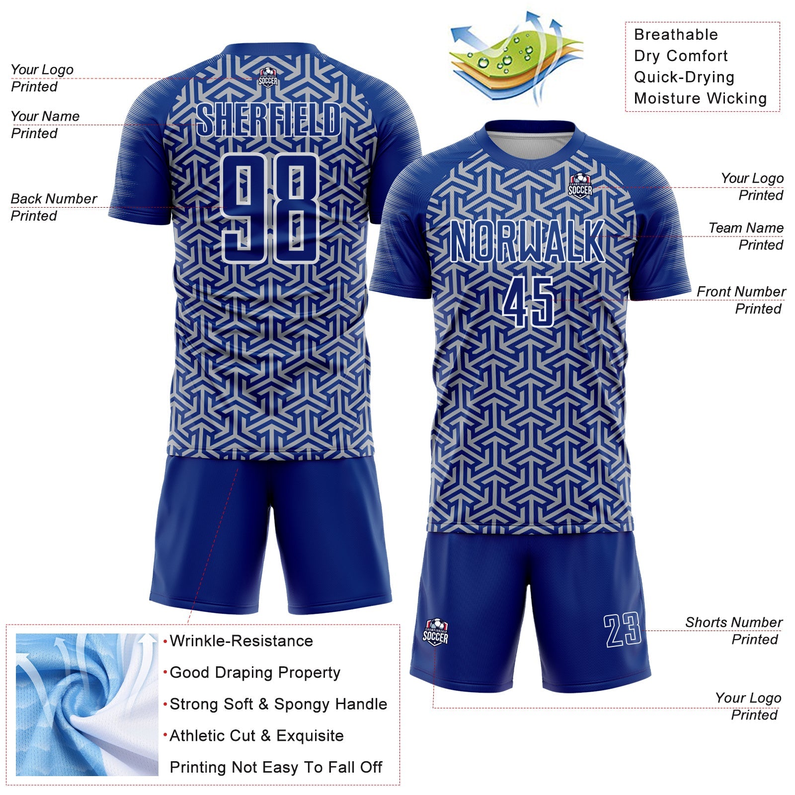 Custom Royal Gray-White Geometric Arrow Sublimation Soccer Uniform Jersey view 4