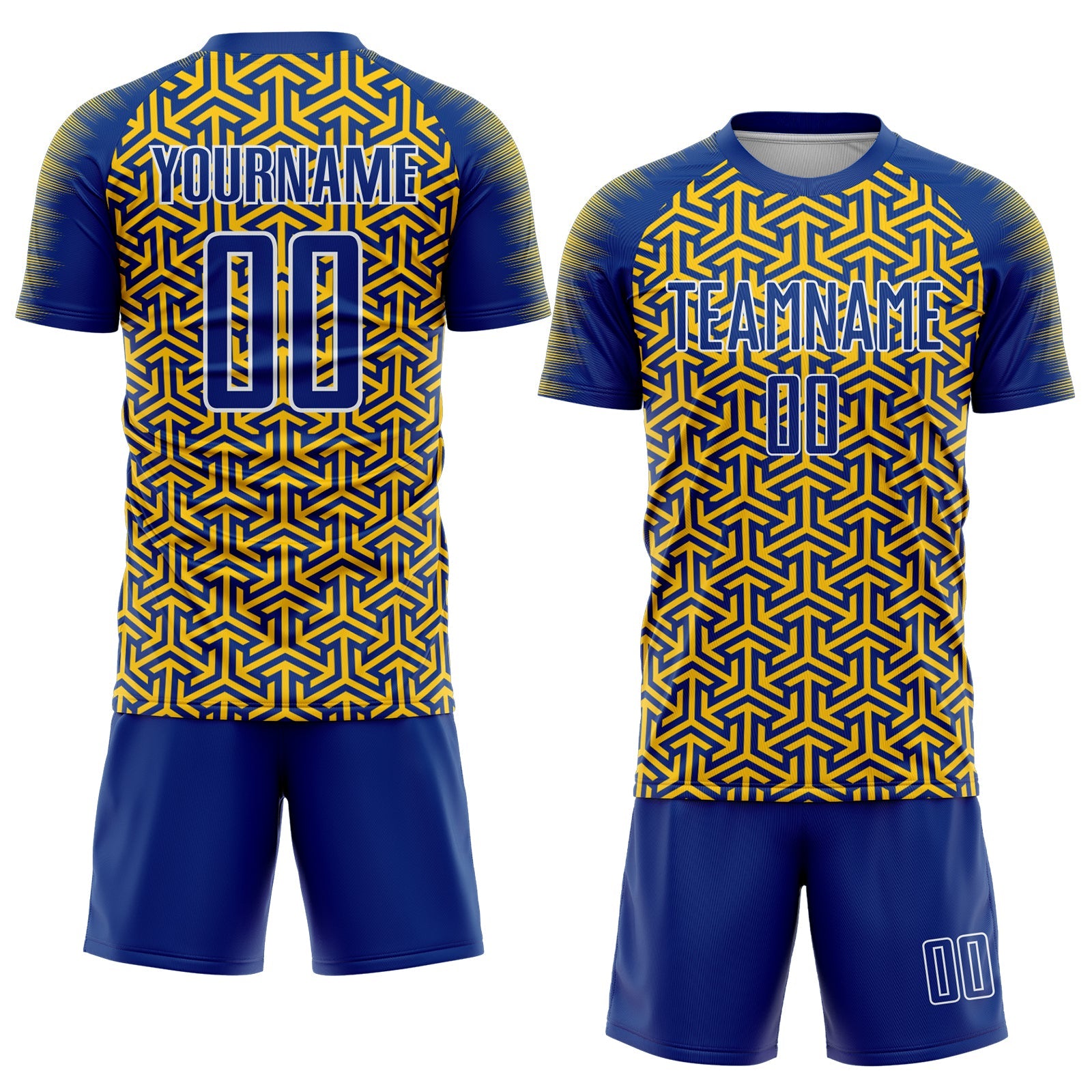 Custom Royal Yellow-White Geometric Arrow Sublimation Soccer Uniform Jersey view 2