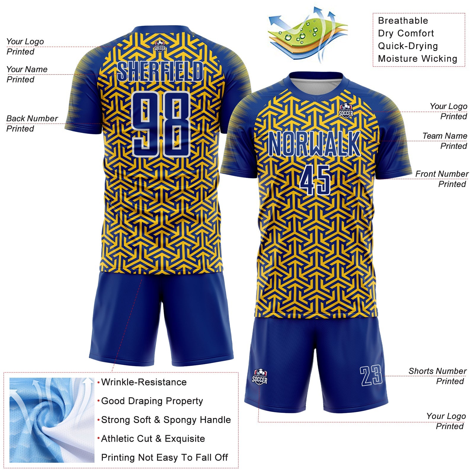 Custom Royal Yellow-White Geometric Arrow Sublimation Soccer Uniform Jersey view 4