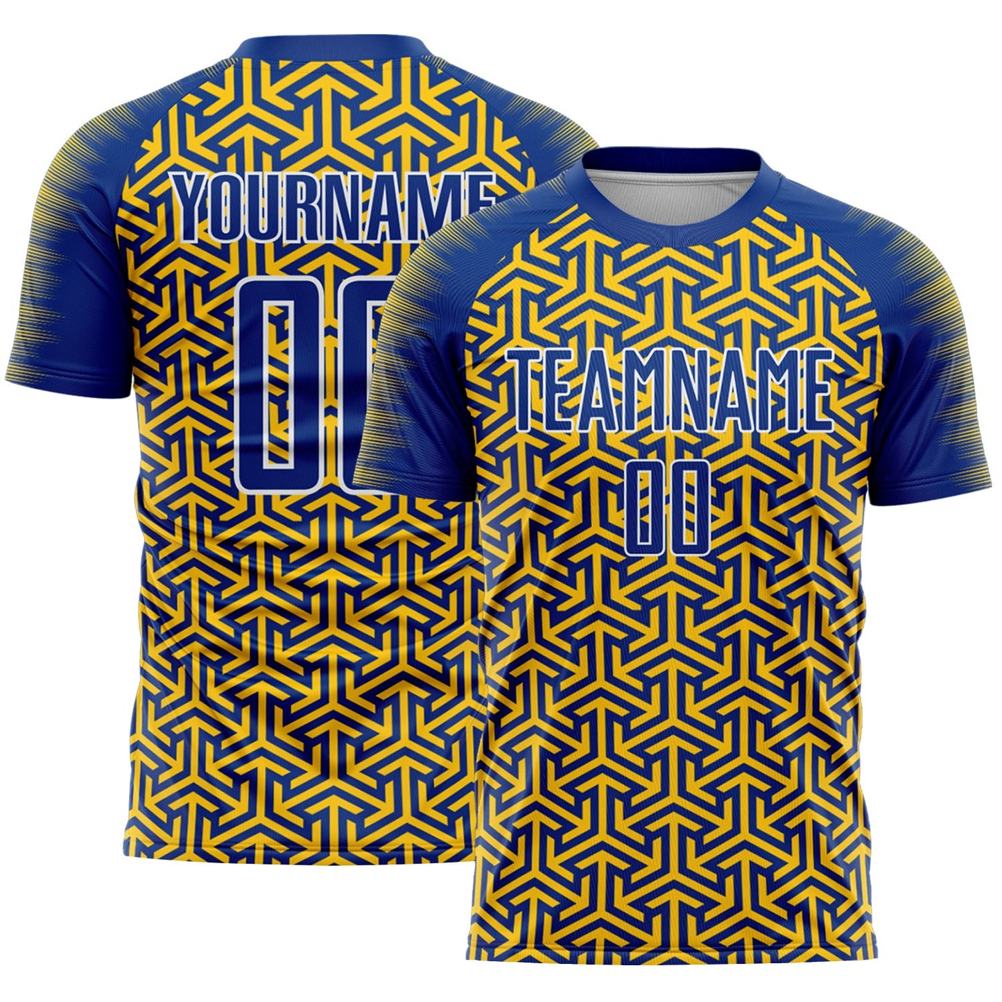 Custom Royal Yellow-White Geometric Arrow Sublimation Soccer Uniform Jersey - Main View