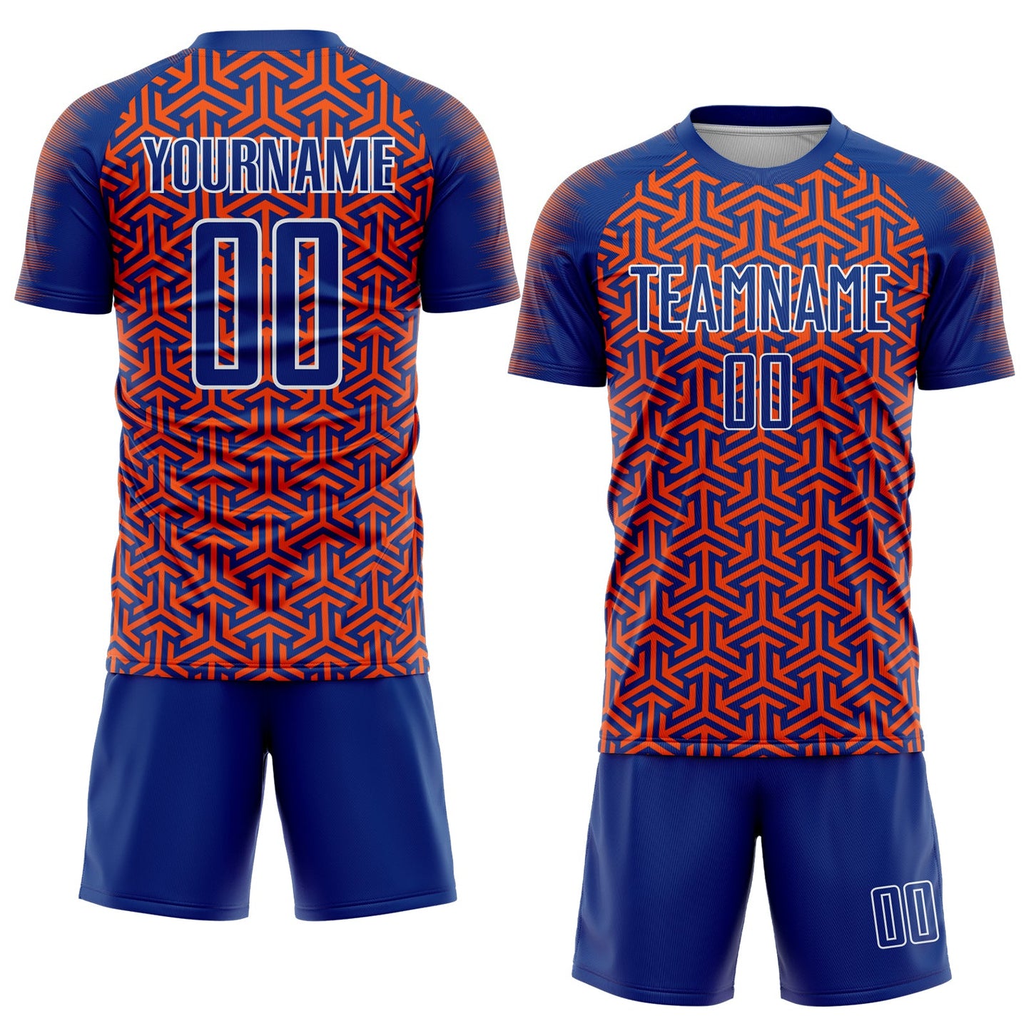 Custom Royal Orange-White Geometric Arrow Sublimation Soccer Uniform Jersey view 2