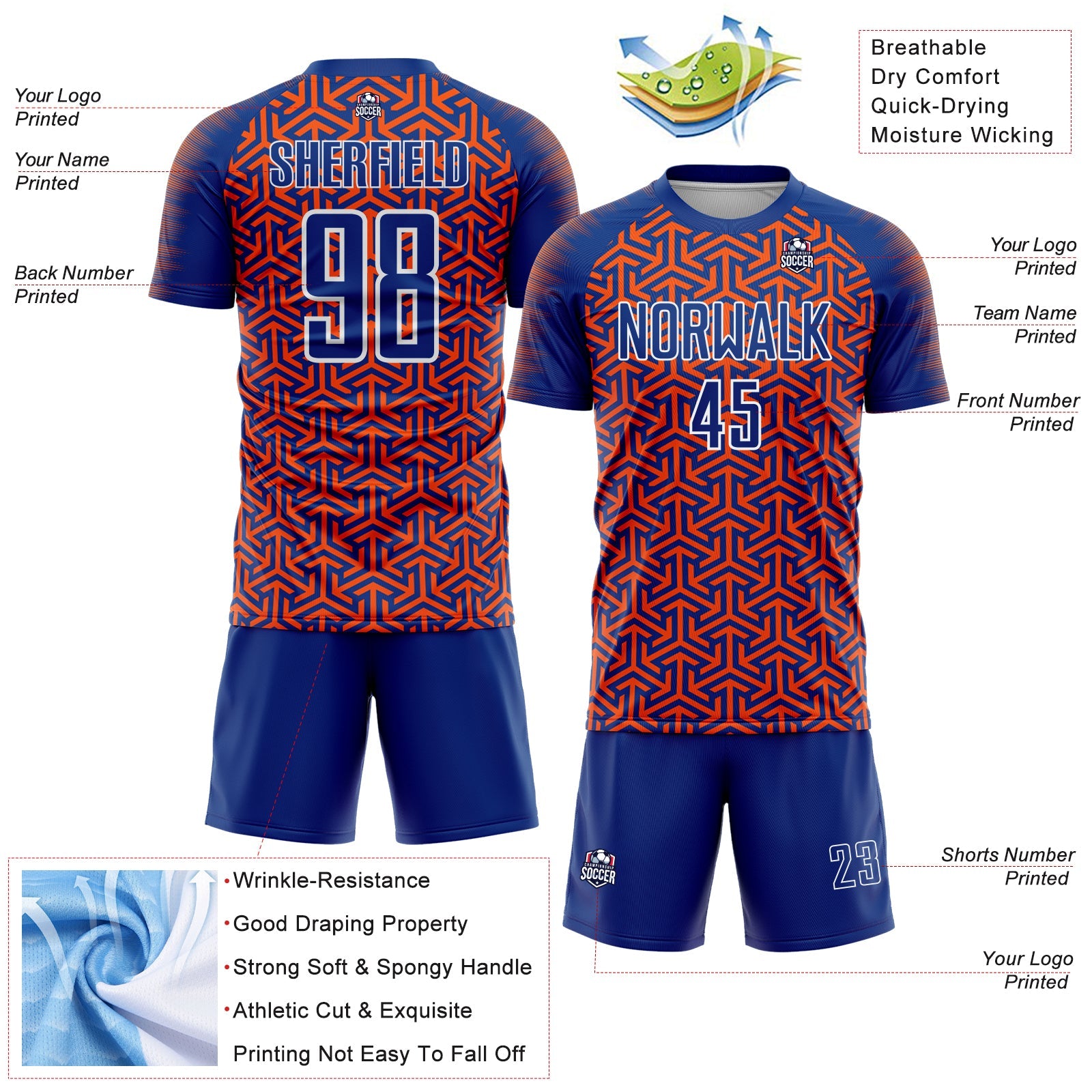 Custom Royal Orange-White Geometric Arrow Sublimation Soccer Uniform Jersey view 4