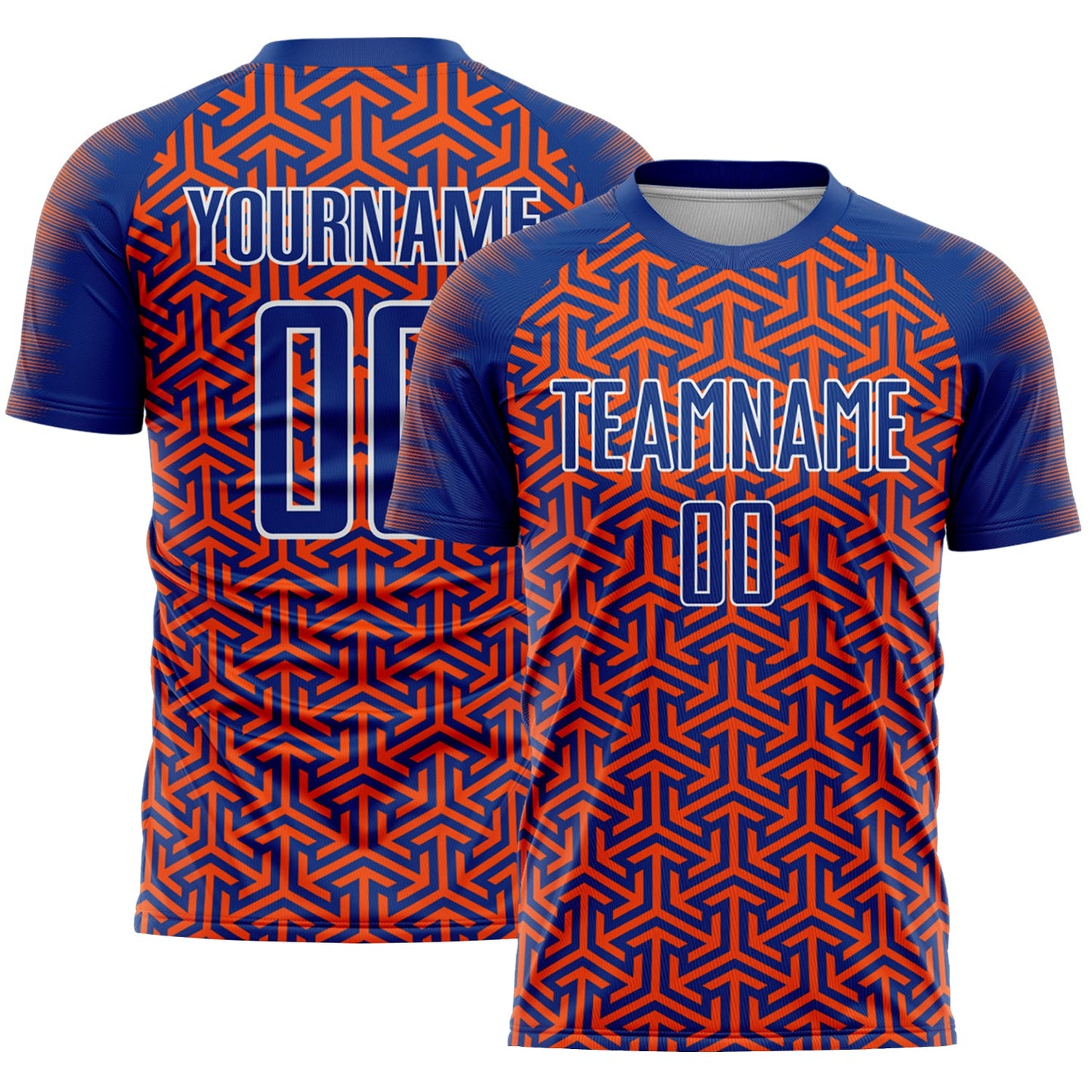 Custom Royal Orange-White Geometric Arrow Sublimation Soccer Uniform Jersey - Main View
