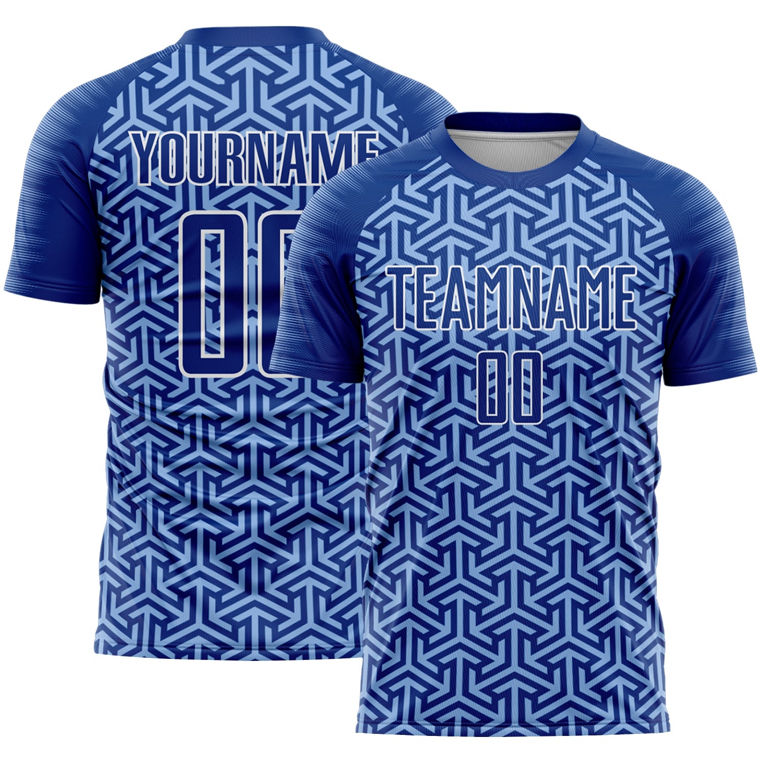 Custom Royal Light Blue-White Geometric Arrow Sublimation Soccer Uniform Jersey - Main View