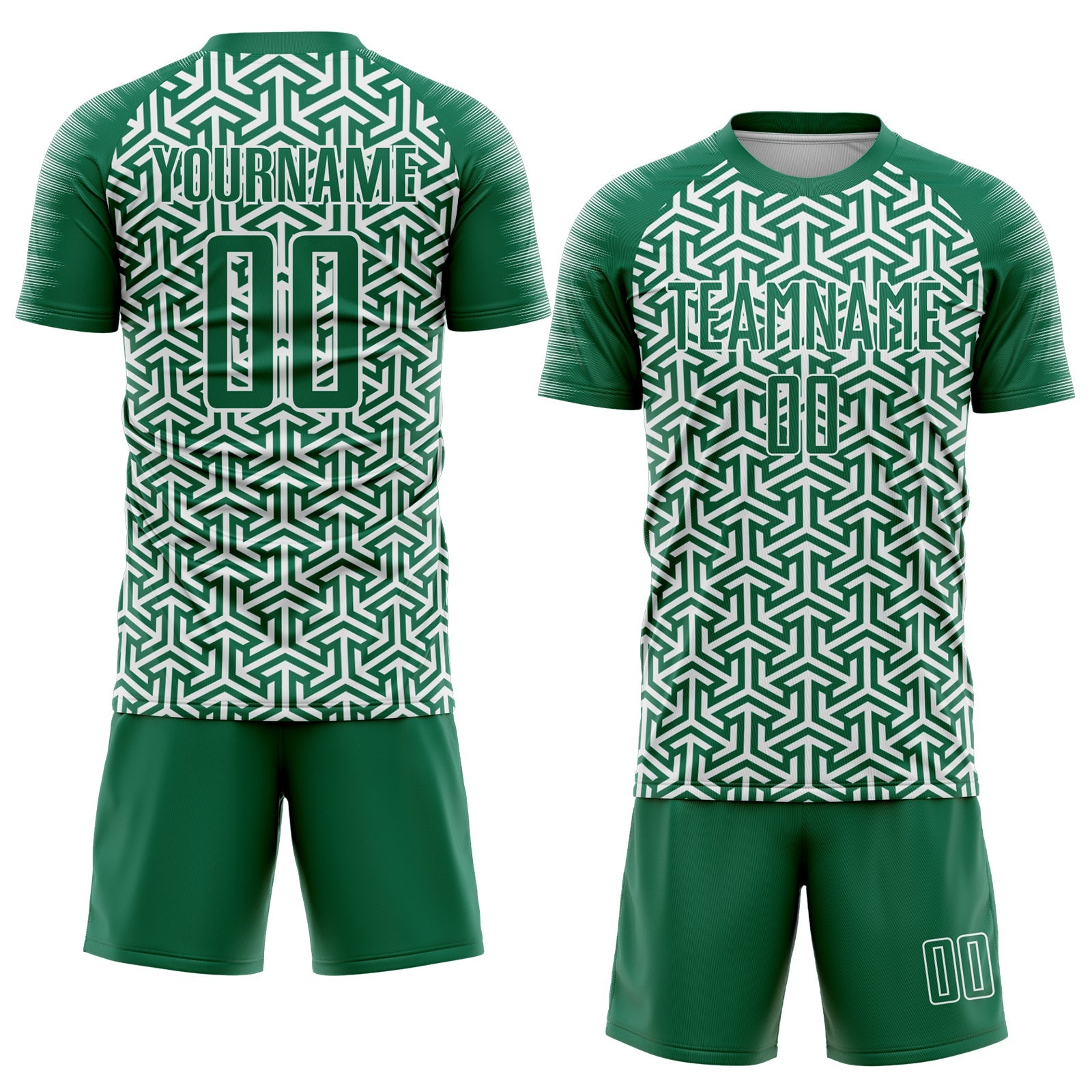 Custom Kelly Green White Geometric Arrow Sublimation Soccer Uniform Jersey view 2