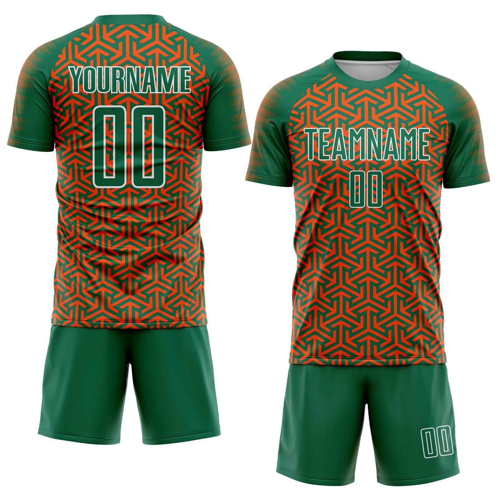Custom Kelly Green Orange-White Geometric Arrow Sublimation Soccer Uniform Jersey view 2