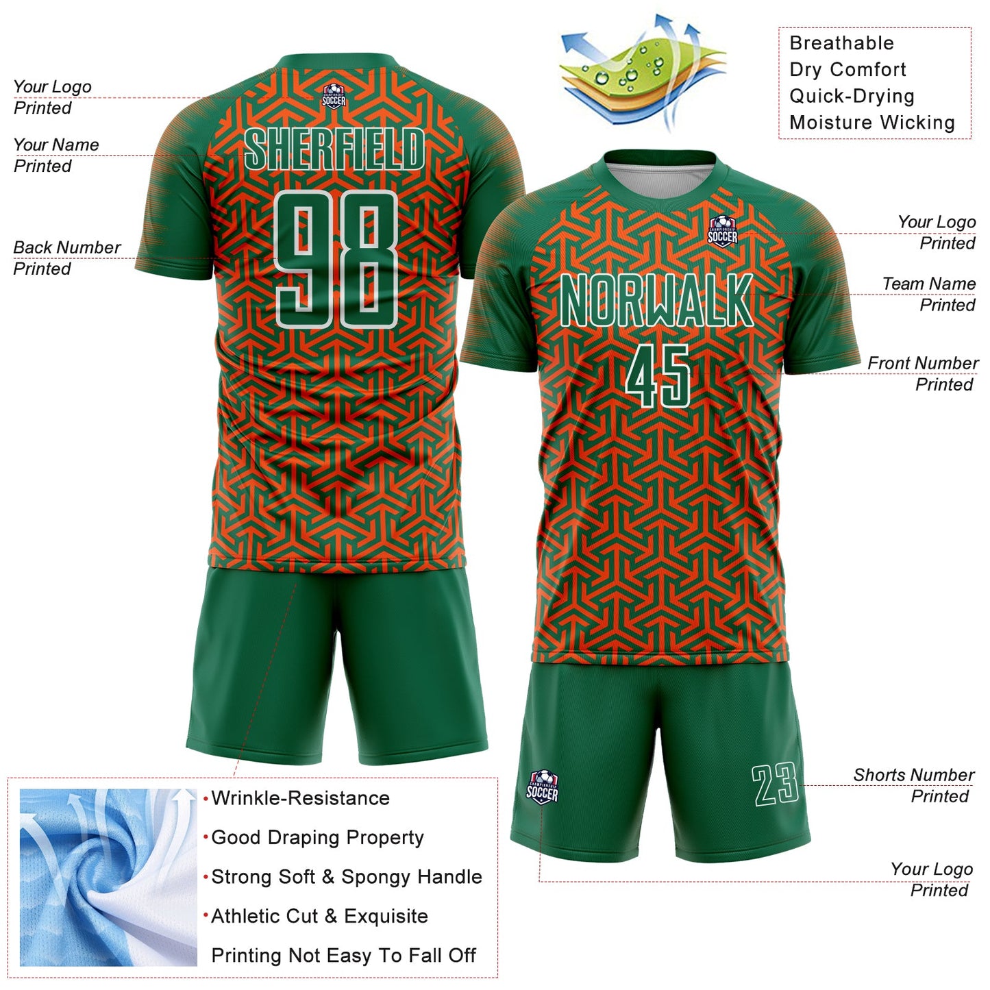 Custom Kelly Green Orange-White Geometric Arrow Sublimation Soccer Uniform Jersey view 4
