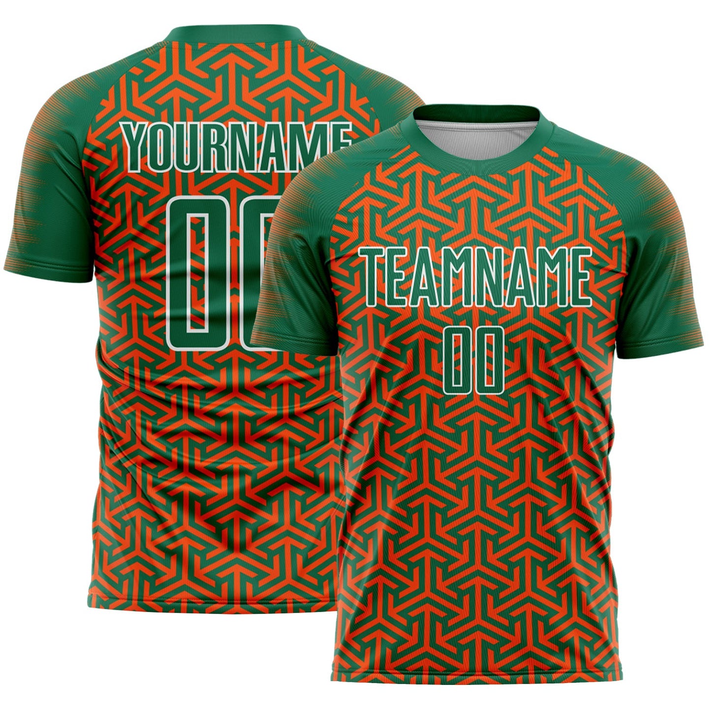 Custom Kelly Green Orange-White Geometric Arrow Sublimation Soccer Uniform Jersey - Main View