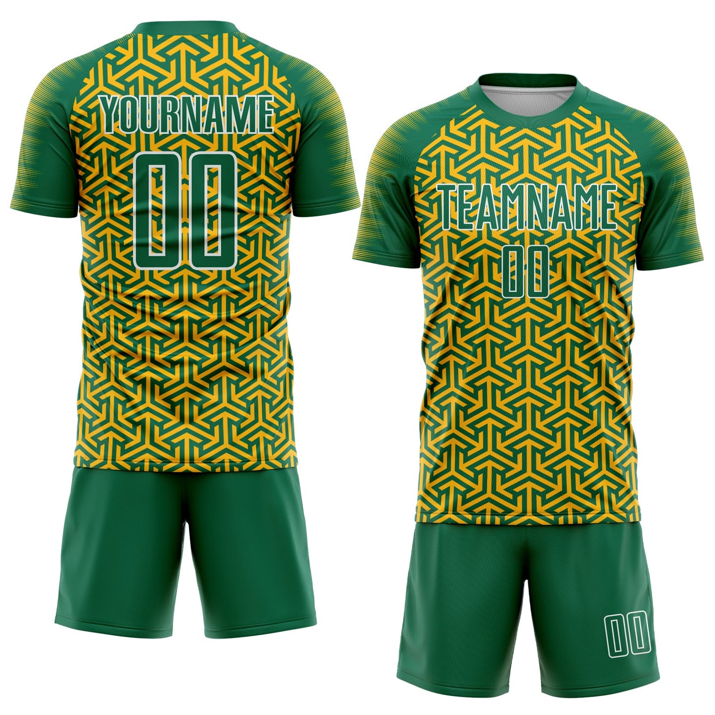 Custom Kelly Green Gold-White Geometric Arrow Sublimation Soccer Uniform Jersey view 2