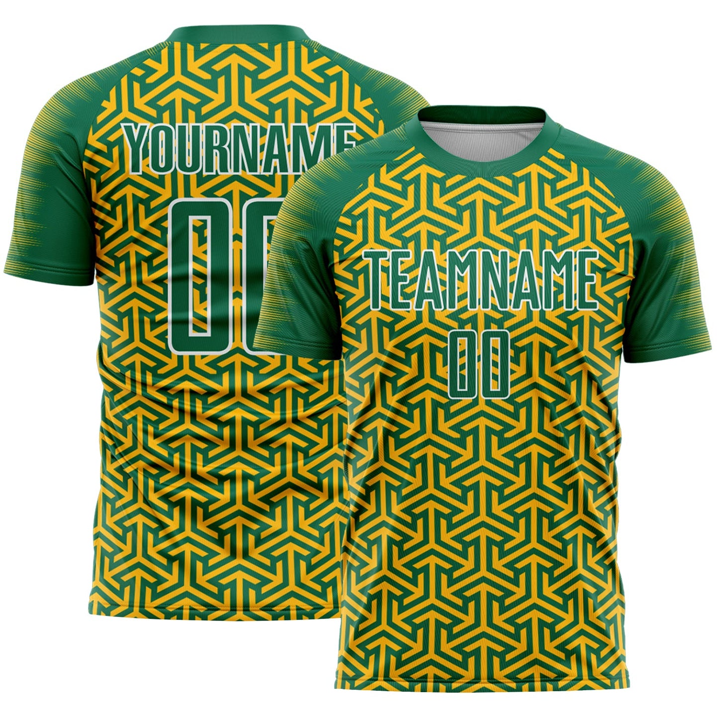 Custom Kelly Green Gold-White Geometric Arrow Sublimation Soccer Uniform Jersey - Main View