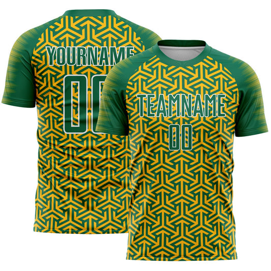 Custom Kelly Green Gold-White Geometric Arrow Sublimation Soccer Uniform Jersey - Main View