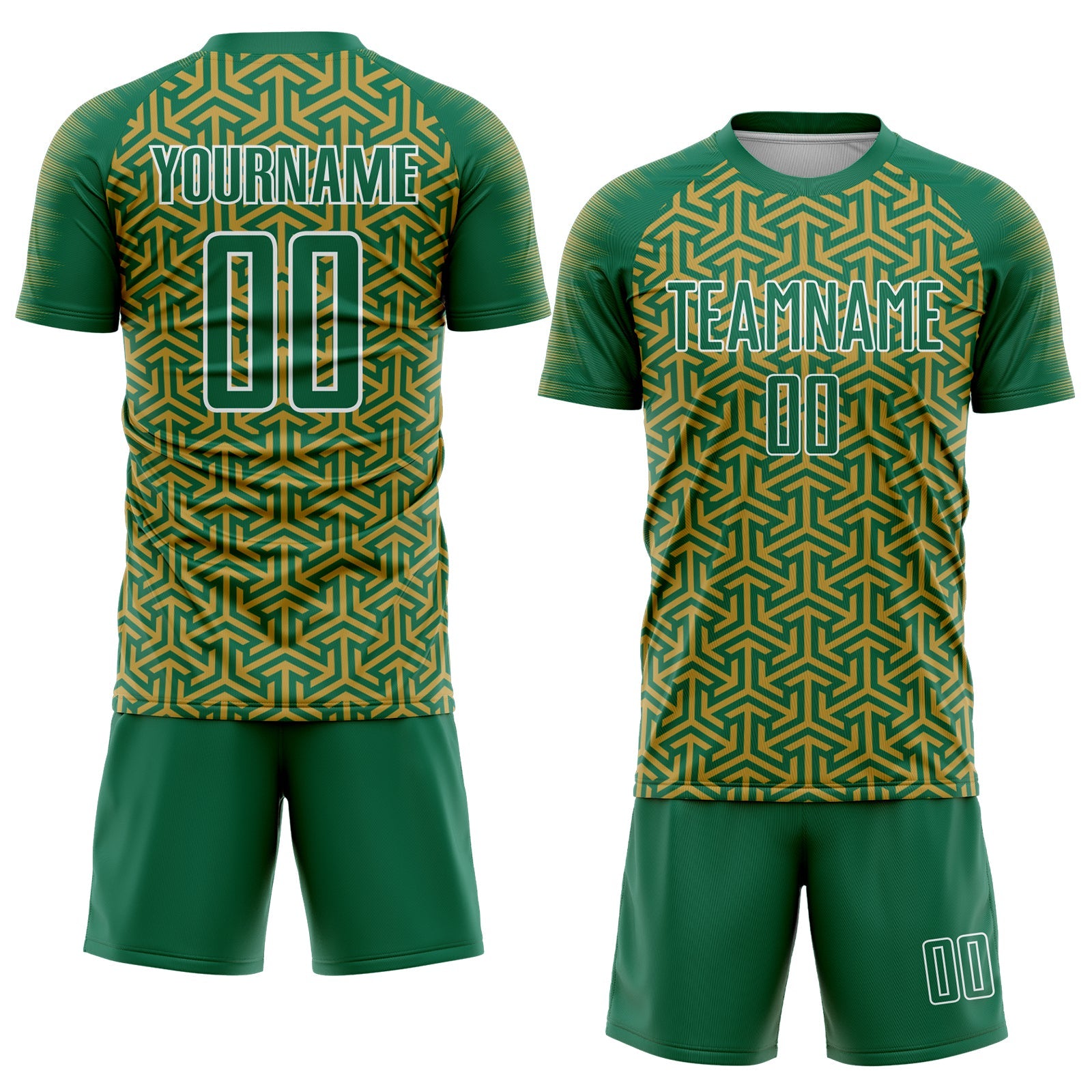 Custom Kelly Green Old Gold-White Geometric Arrow Sublimation Soccer Uniform Jersey view 2