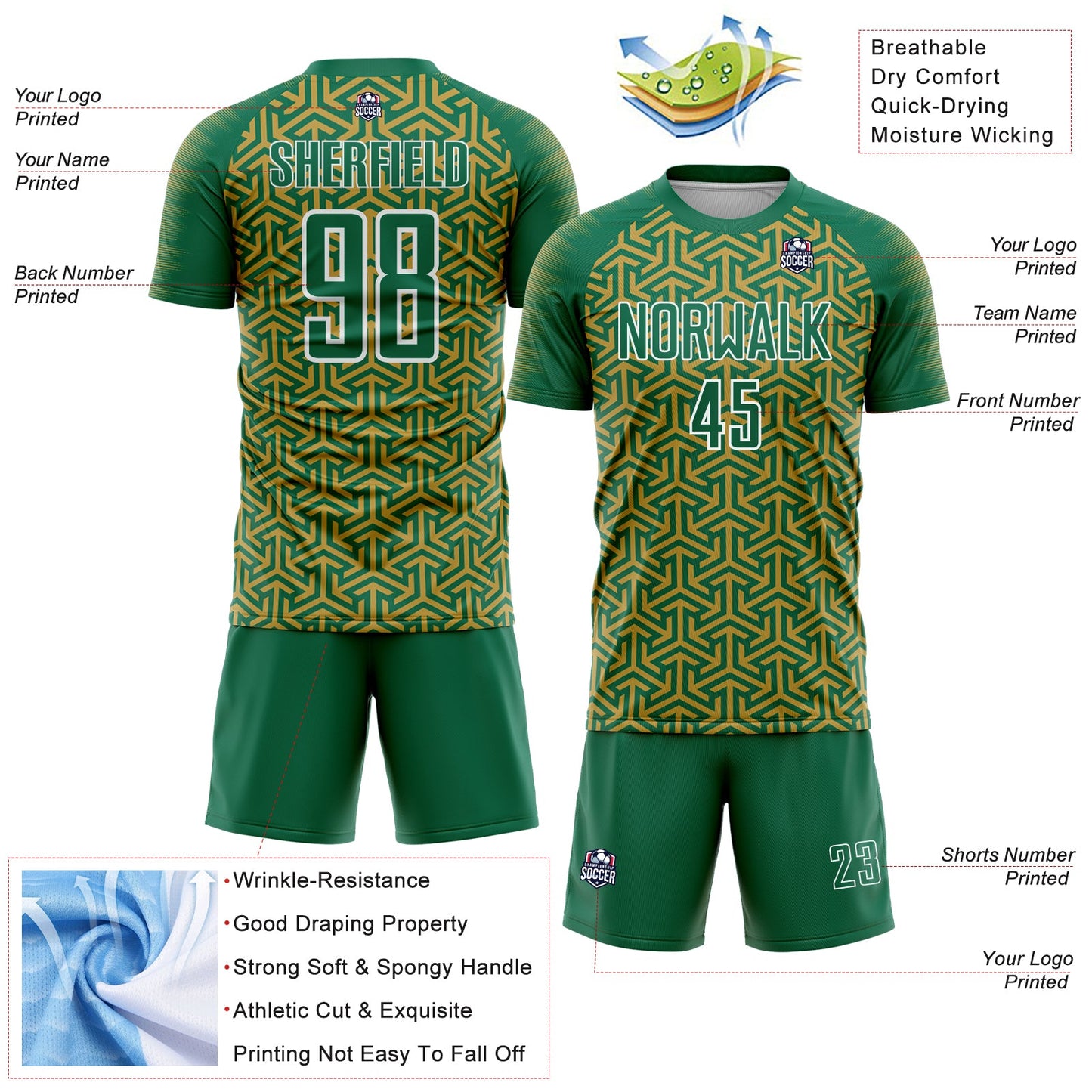 Custom Kelly Green Old Gold-White Geometric Arrow Sublimation Soccer Uniform Jersey view 4