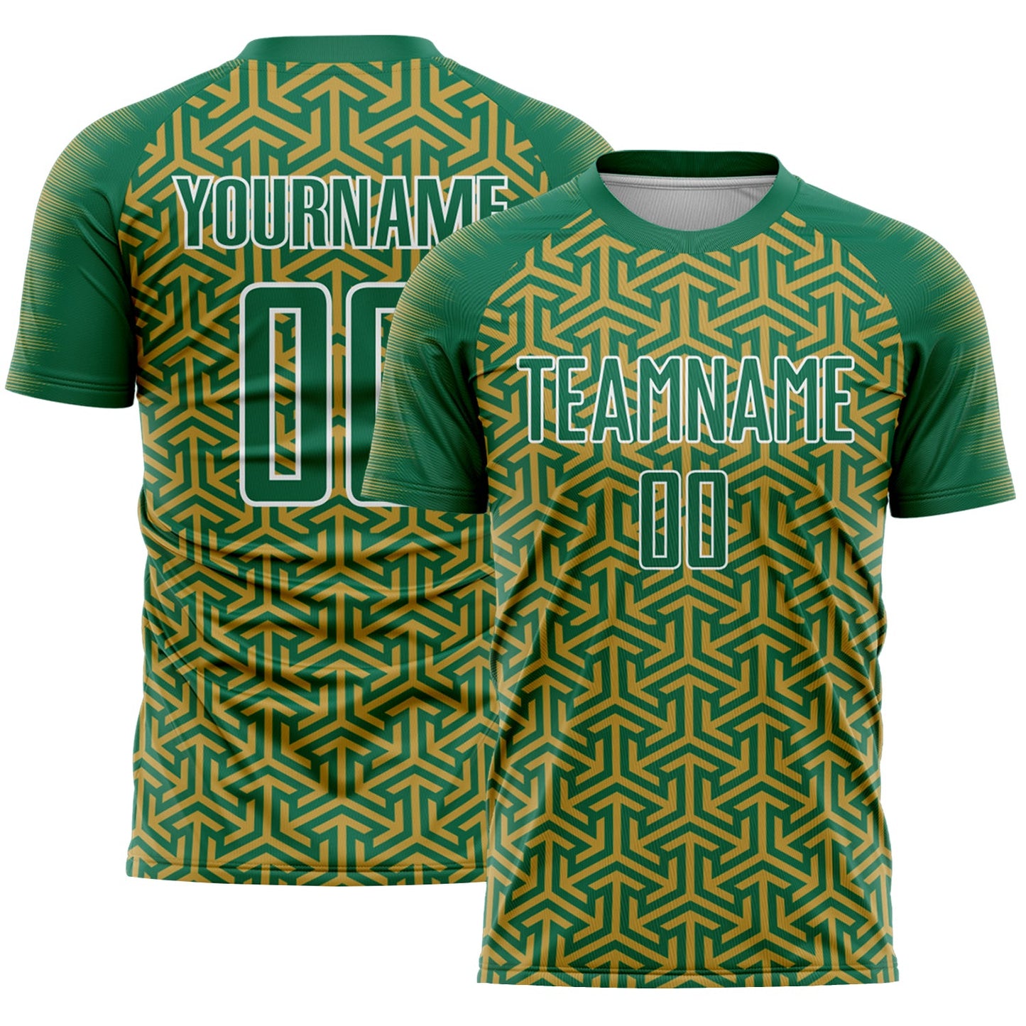 Custom Kelly Green Old Gold-White Geometric Arrow Sublimation Soccer Uniform Jersey - Main View
