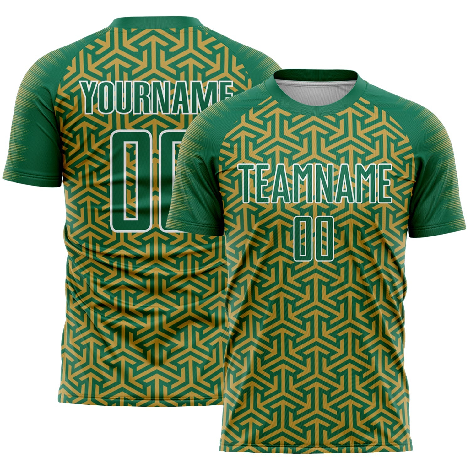 Custom Kelly Green Old Gold-White Geometric Arrow Sublimation Soccer Uniform Jersey - Main View