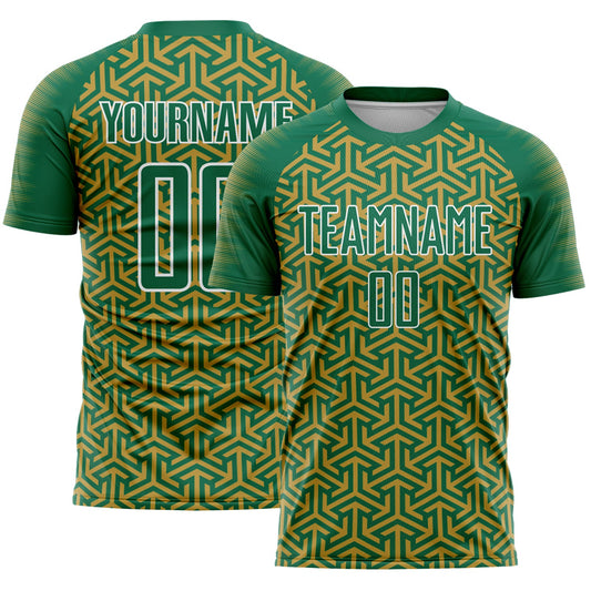 Custom Kelly Green Old Gold-White Geometric Arrow Sublimation Soccer Uniform Jersey - Main View