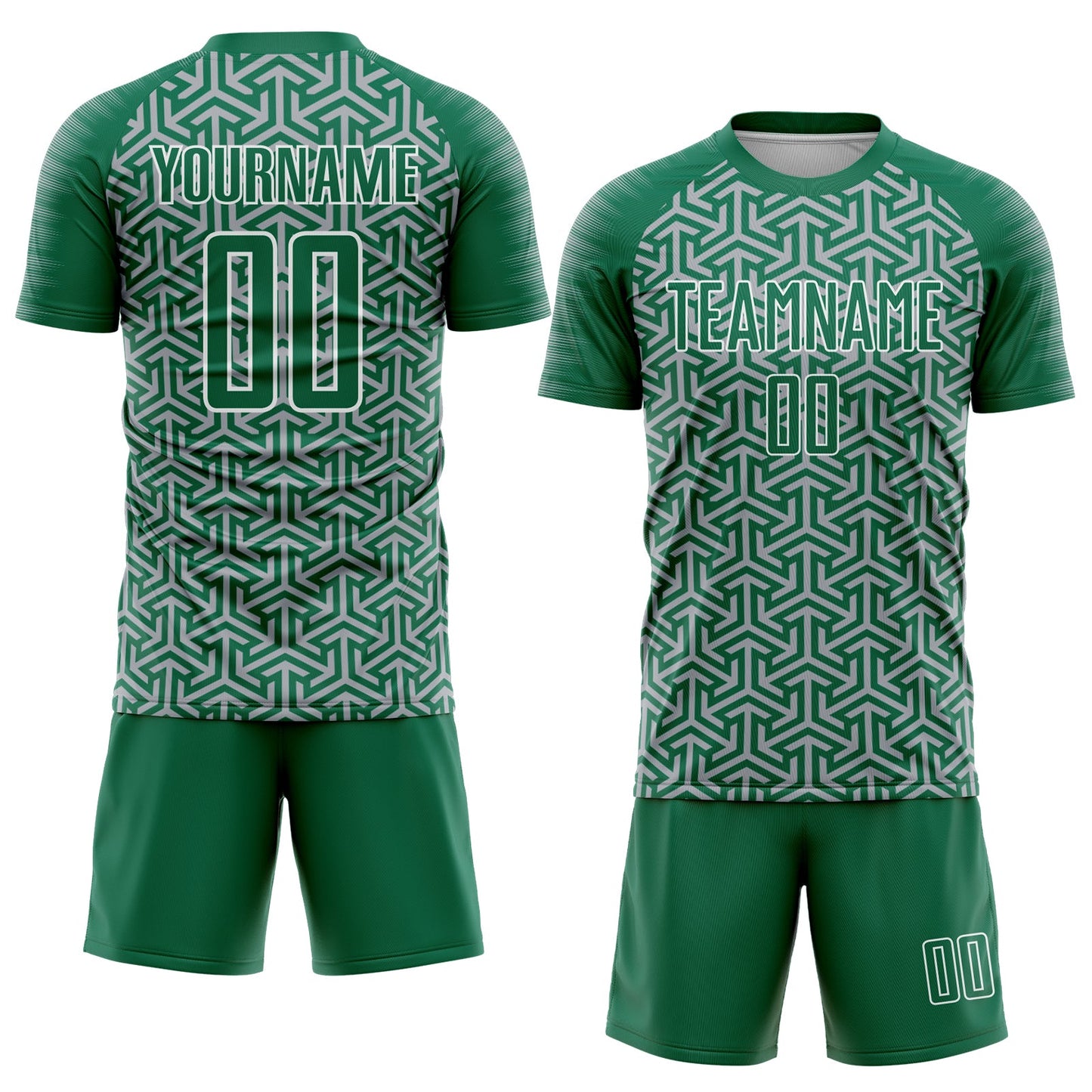 Custom Kelly Green Gray-White Geometric Arrow Sublimation Soccer Uniform Jersey view 2