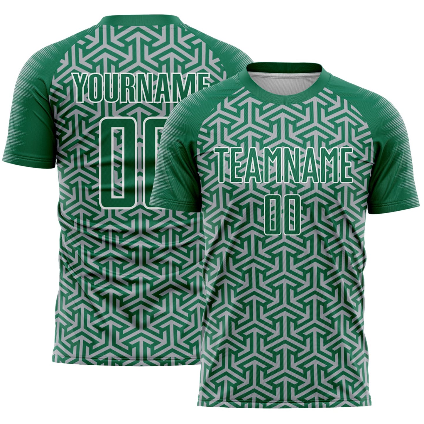 Custom Kelly Green Gray-White Geometric Arrow Sublimation Soccer Uniform Jersey - Main View