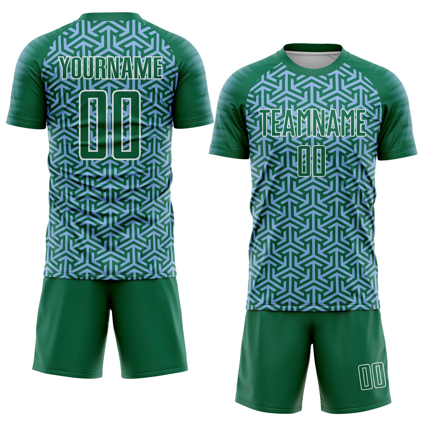 Custom Kelly Green Light Blue-White Geometric Arrow Sublimation Soccer Uniform Jersey view 2