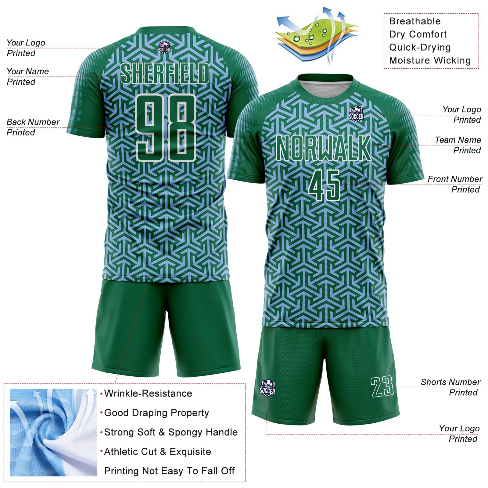 Custom Kelly Green Light Blue-White Geometric Arrow Sublimation Soccer Uniform Jersey view 4